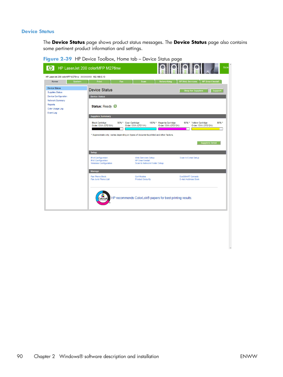 HP 200 color MFP M276nw manual Device Status 