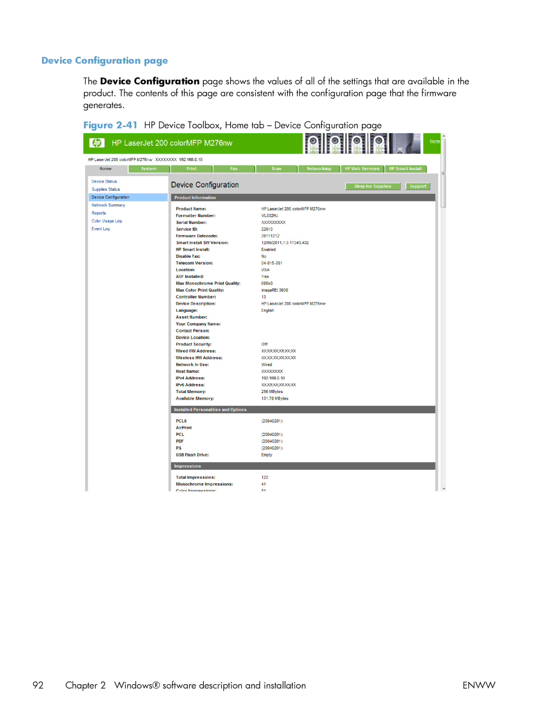 HP 200 color MFP M276nw manual Device Configuration 