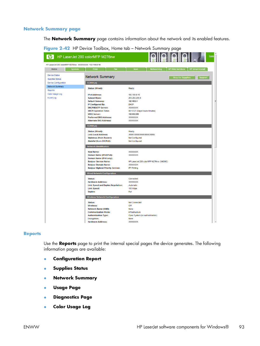 HP 200 color MFP M276nw manual Network Summary, Reports 