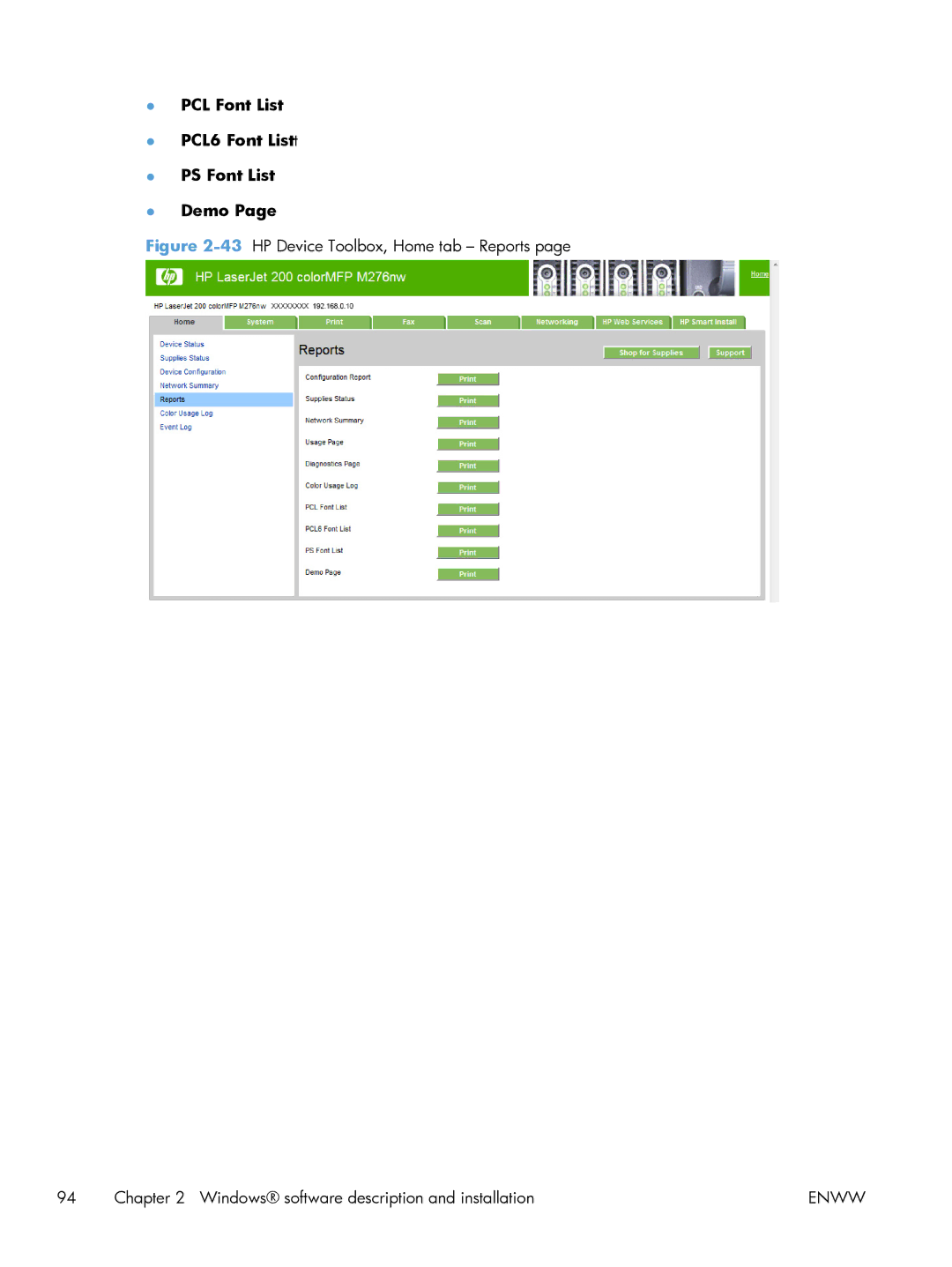 HP 200 color MFP M276nw manual PCL Font List PCL6 Font Listt PS Font List Demo 