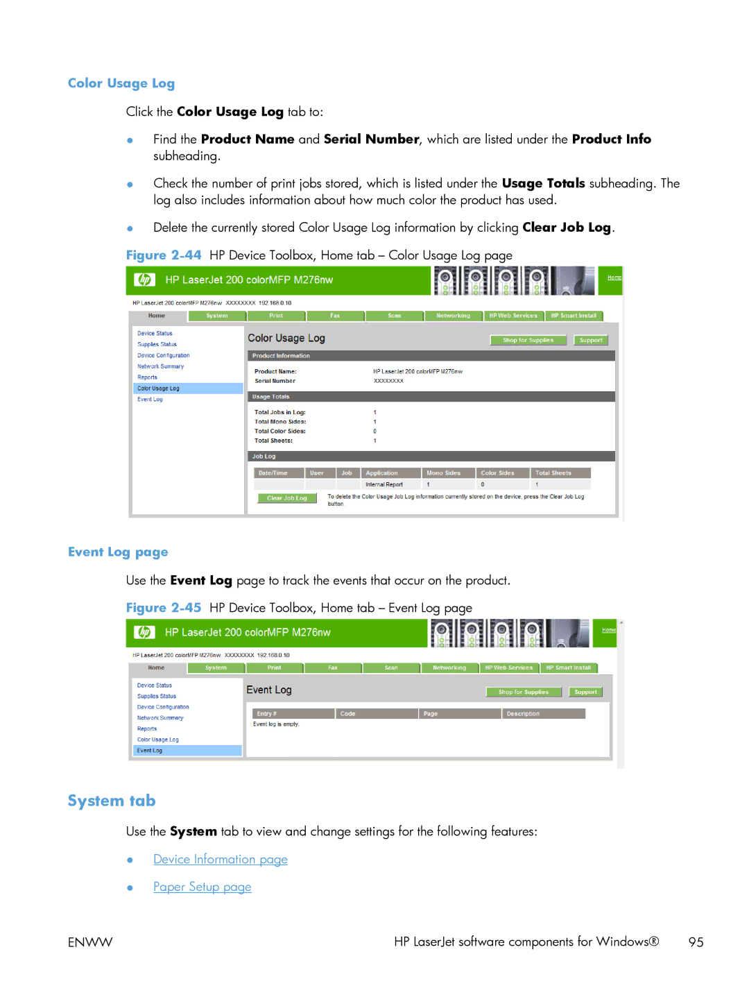 HP 200 color MFP M276nw manual System tab, Color Usage Log, Event Log 