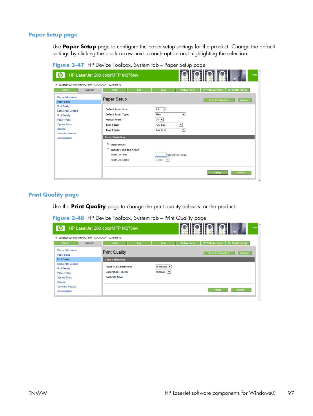 HP 200 color MFP M276nw manual 47HP Device Toolbox, System tab Paper Setup 