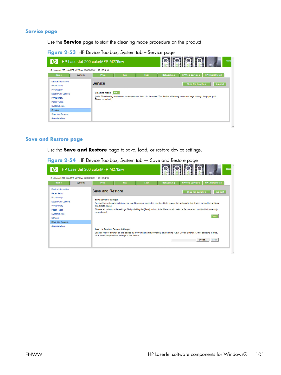 HP 200 color MFP M276nw manual Service, Save and Restore 