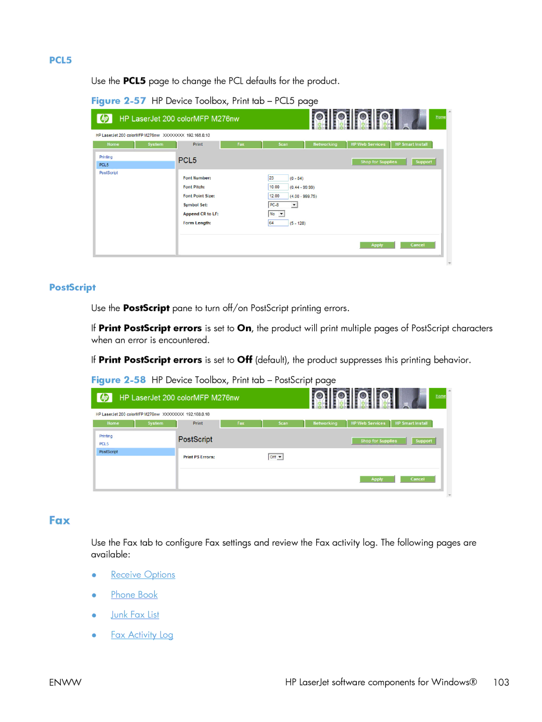 HP 200 color MFP M276nw manual Fax, PostScript 