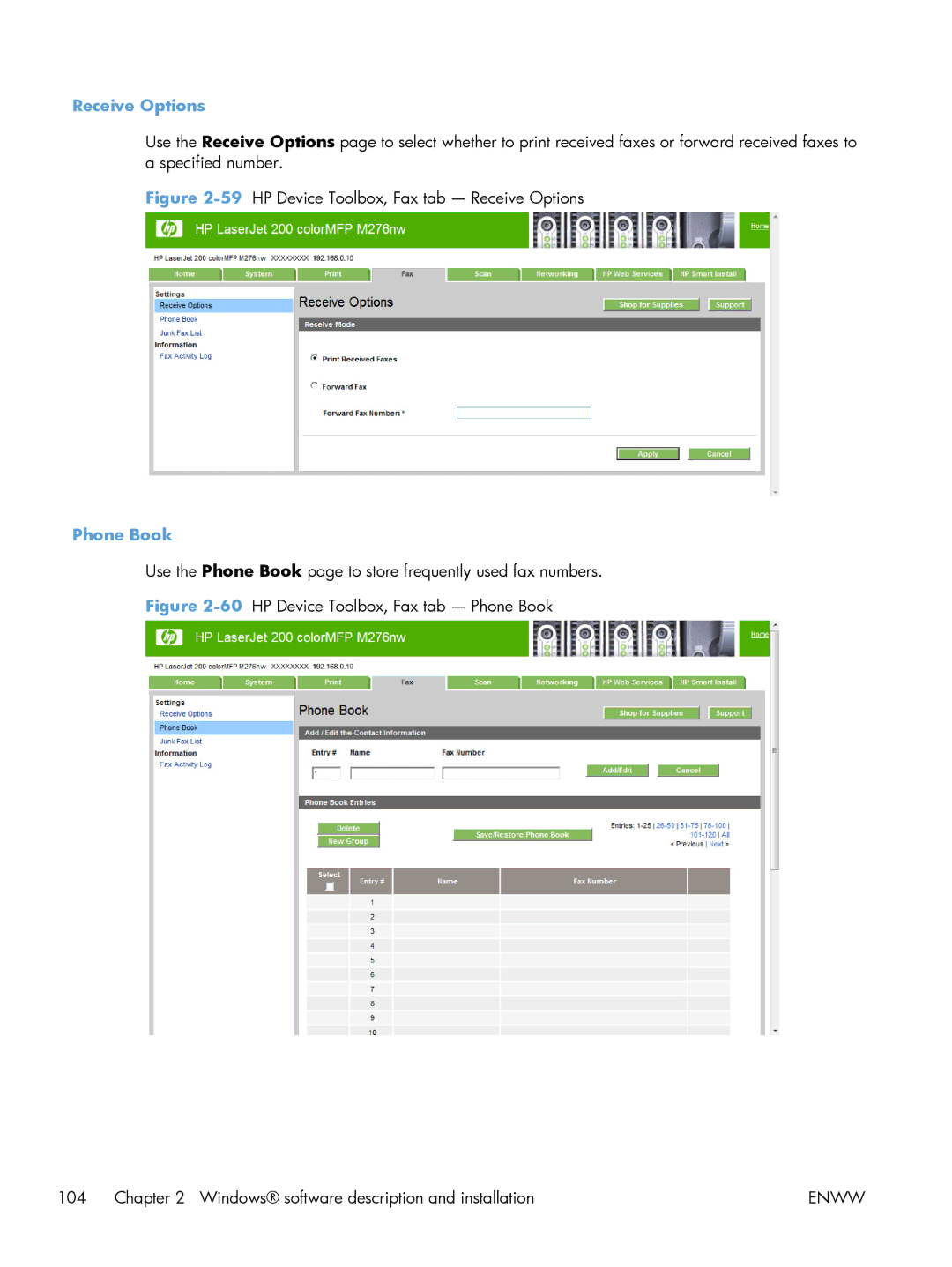 HP 200 color MFP M276nw manual Receive Options, Phone Book 