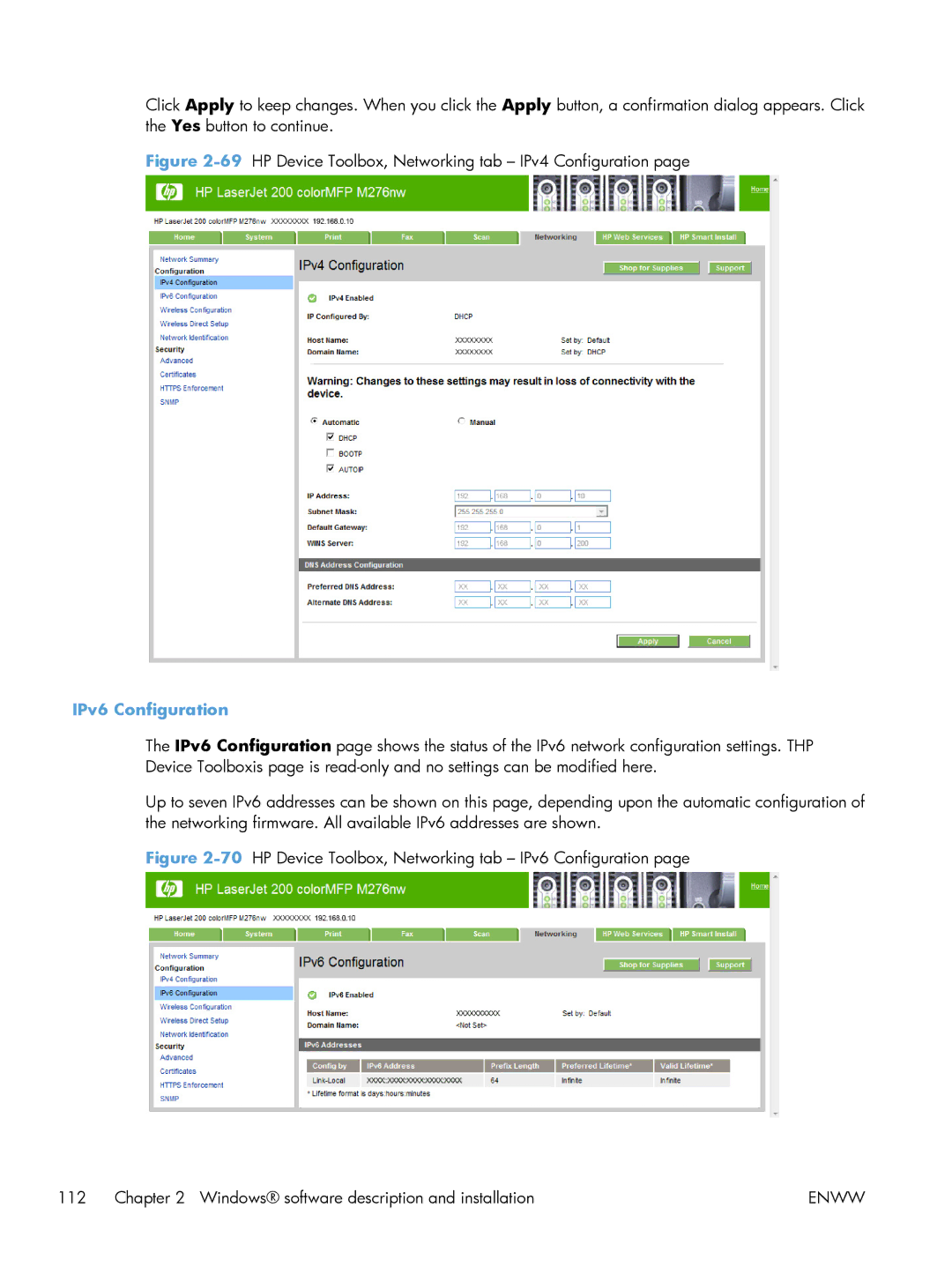 HP 200 color MFP M276nw manual 69HP Device Toolbox, Networking tab IPv4 Configuration, IPv6 Configuration 