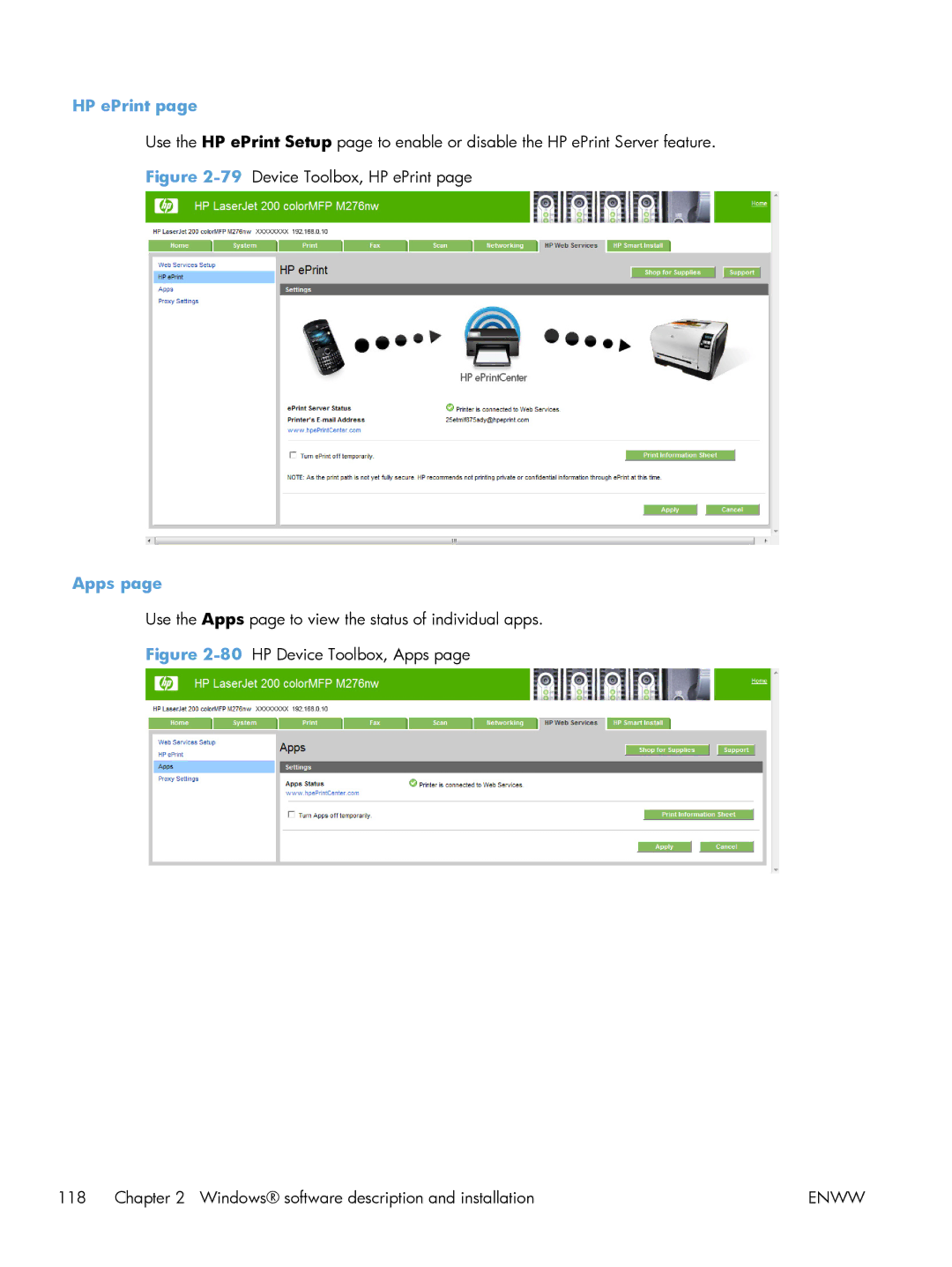 HP 200 color MFP M276nw manual HP ePrint, Apps 