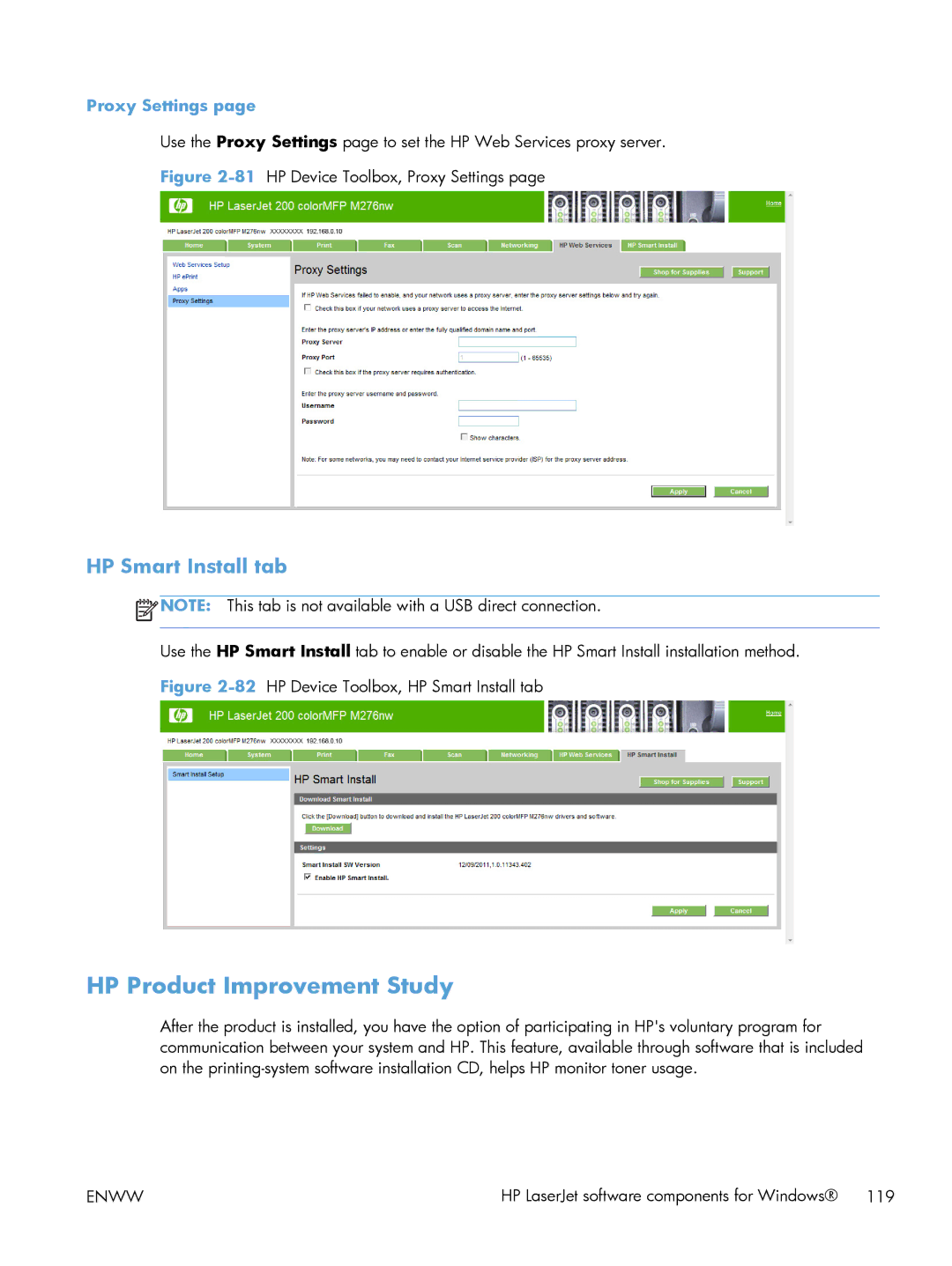 HP 200 color MFP M276nw manual HP Product Improvement Study, HP Smart Install tab, Proxy Settings 