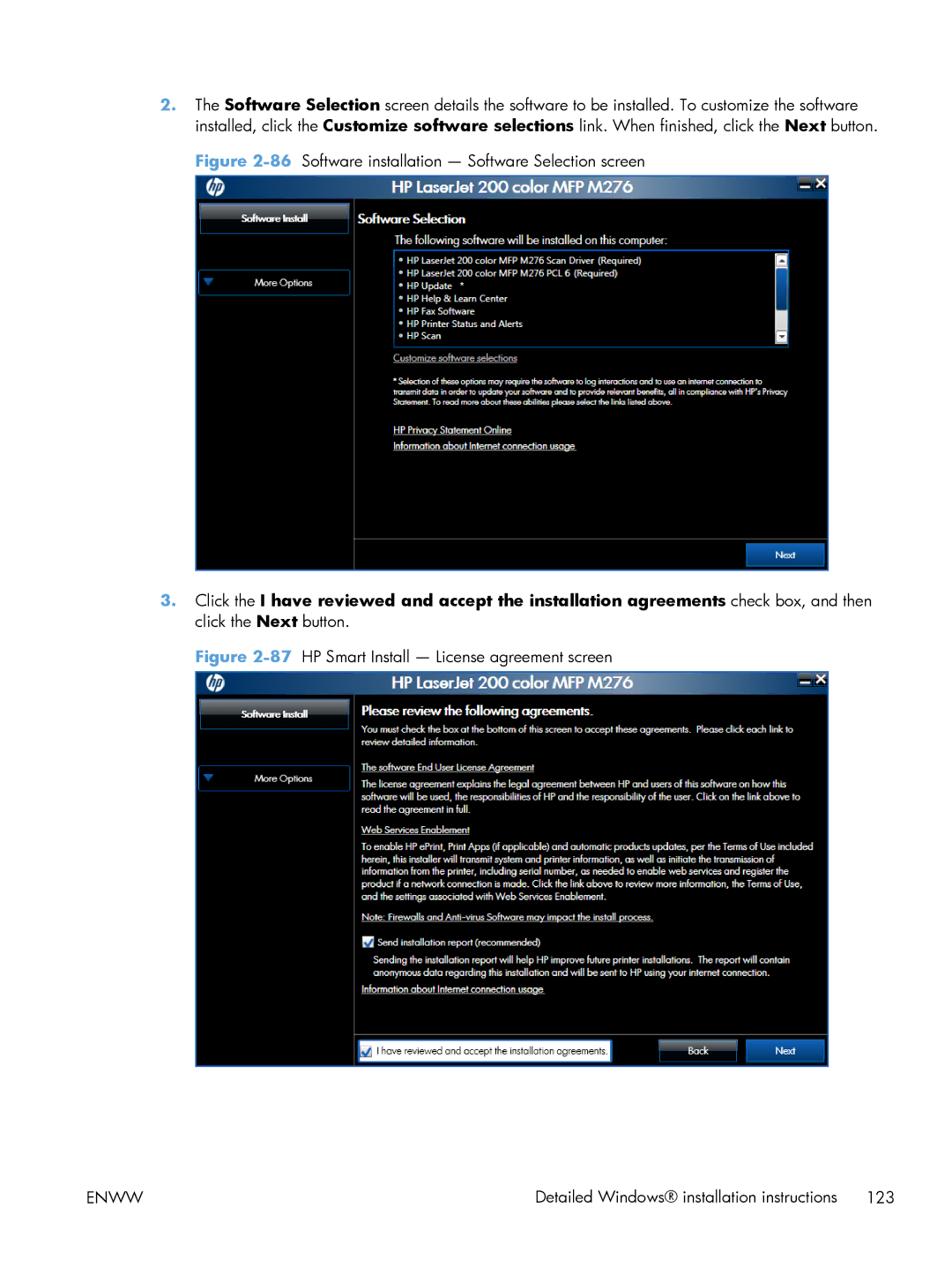 HP 200 color MFP M276nw manual 86Software installation Software Selection screen 