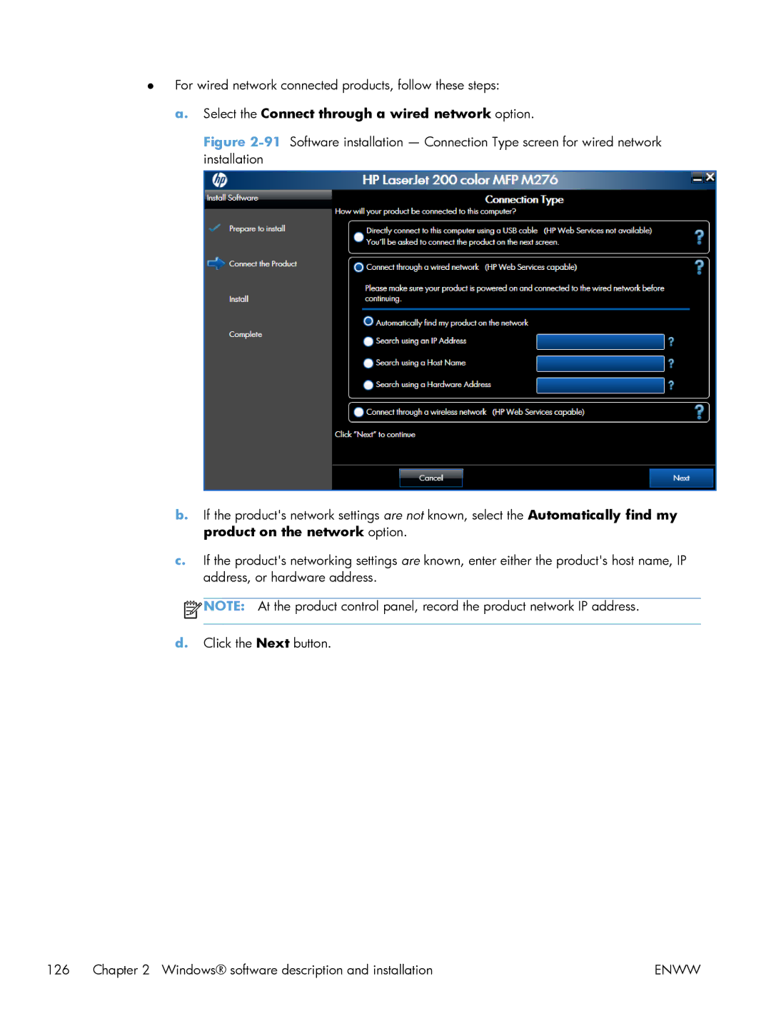 HP 200 color MFP M276nw manual Select the Connect through a wired network option 