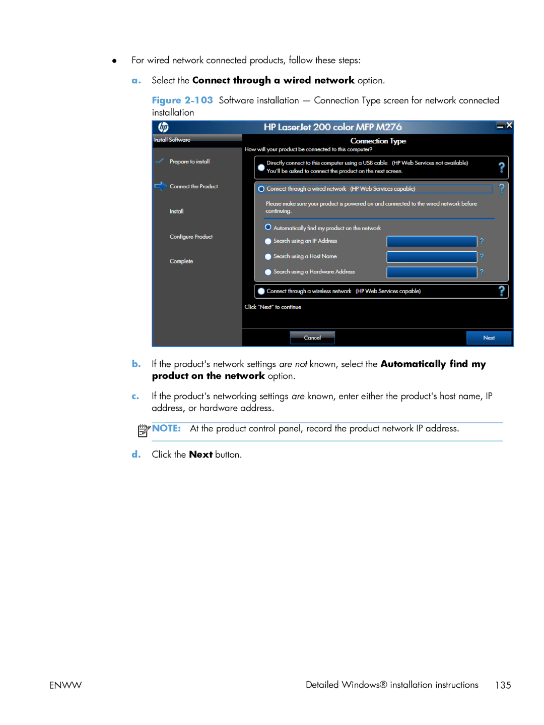 HP 200 color MFP M276nw manual Select the Connect through a wired network option 