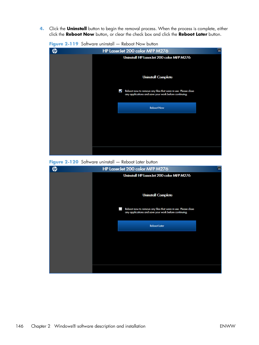 HP 200 color MFP M276nw manual 119Software uninstall Reboot Now button 