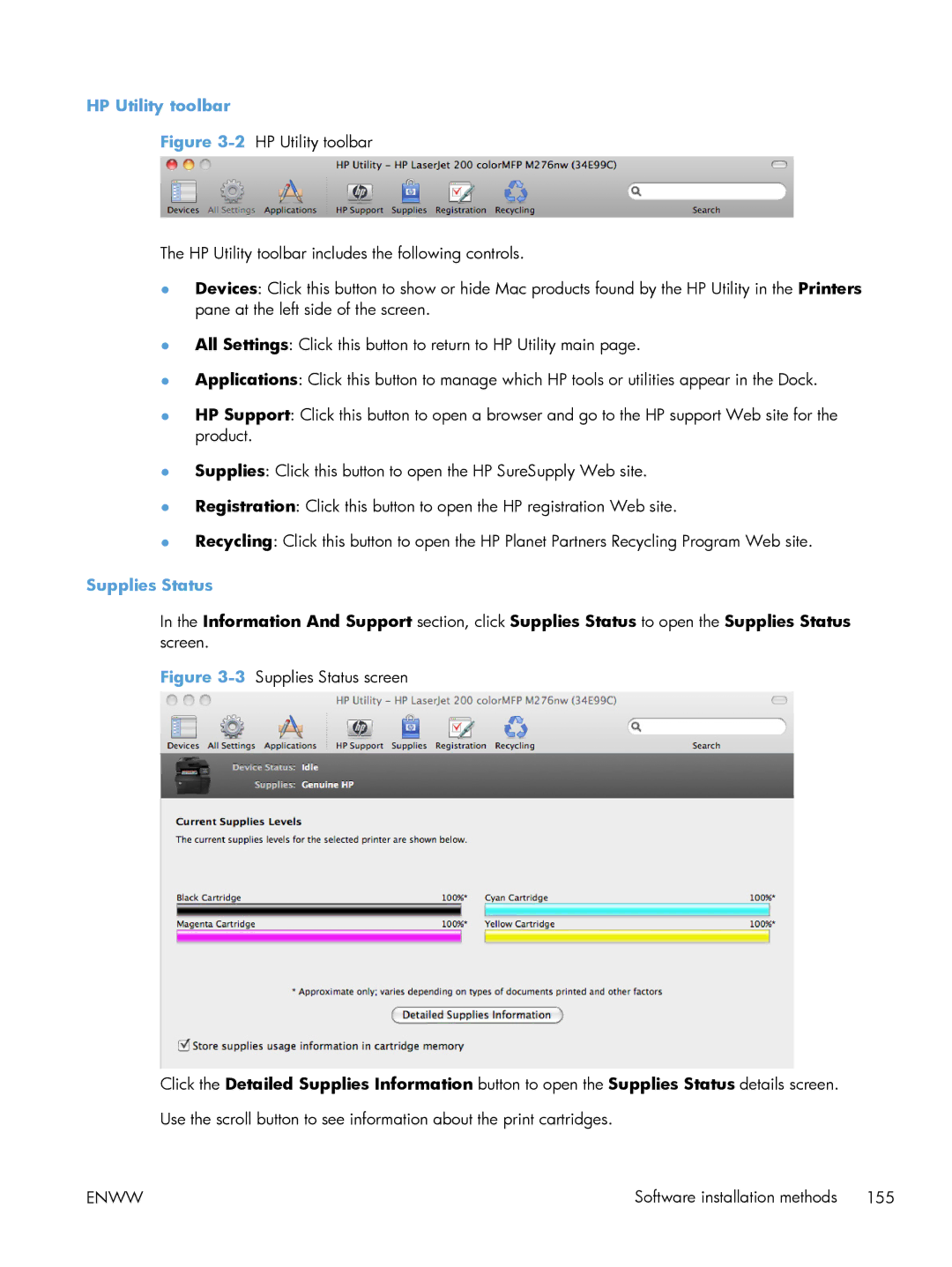HP 200 color MFP M276nw manual HP Utility toolbar, 3Supplies Status screen 