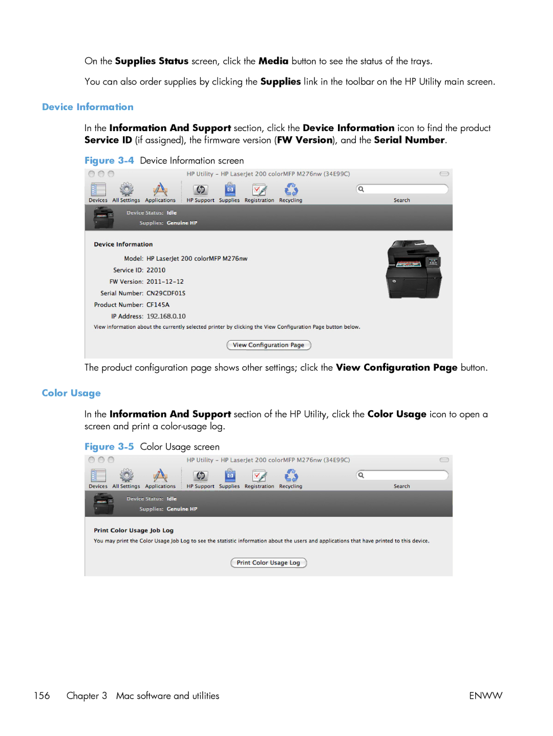 HP 200 color MFP M276nw manual 5Color Usage screen Mac software and utilities 