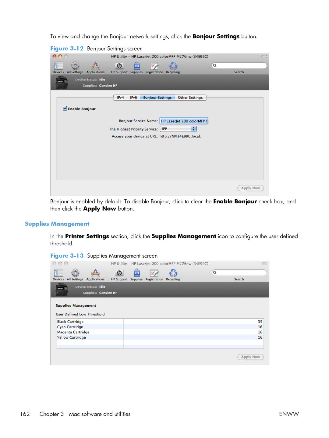 HP 200 color MFP M276nw manual 13Supplies Management screen Mac software and utilities 