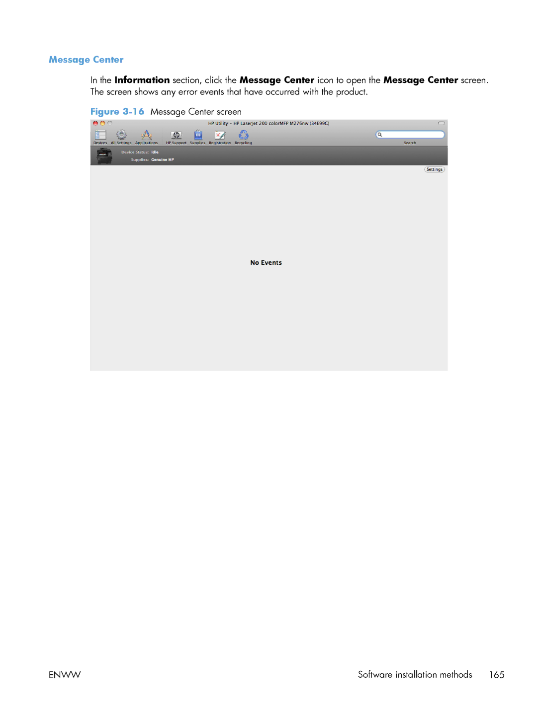 HP 200 color MFP M276nw manual 16Message Center screen 