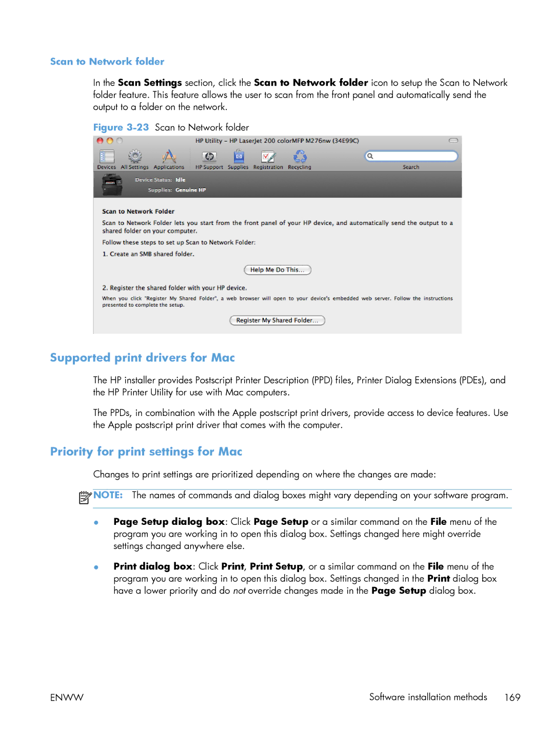 HP 200 color MFP M276nw manual Supported print drivers for Mac, Priority for print settings for Mac, Scan to Network folder 