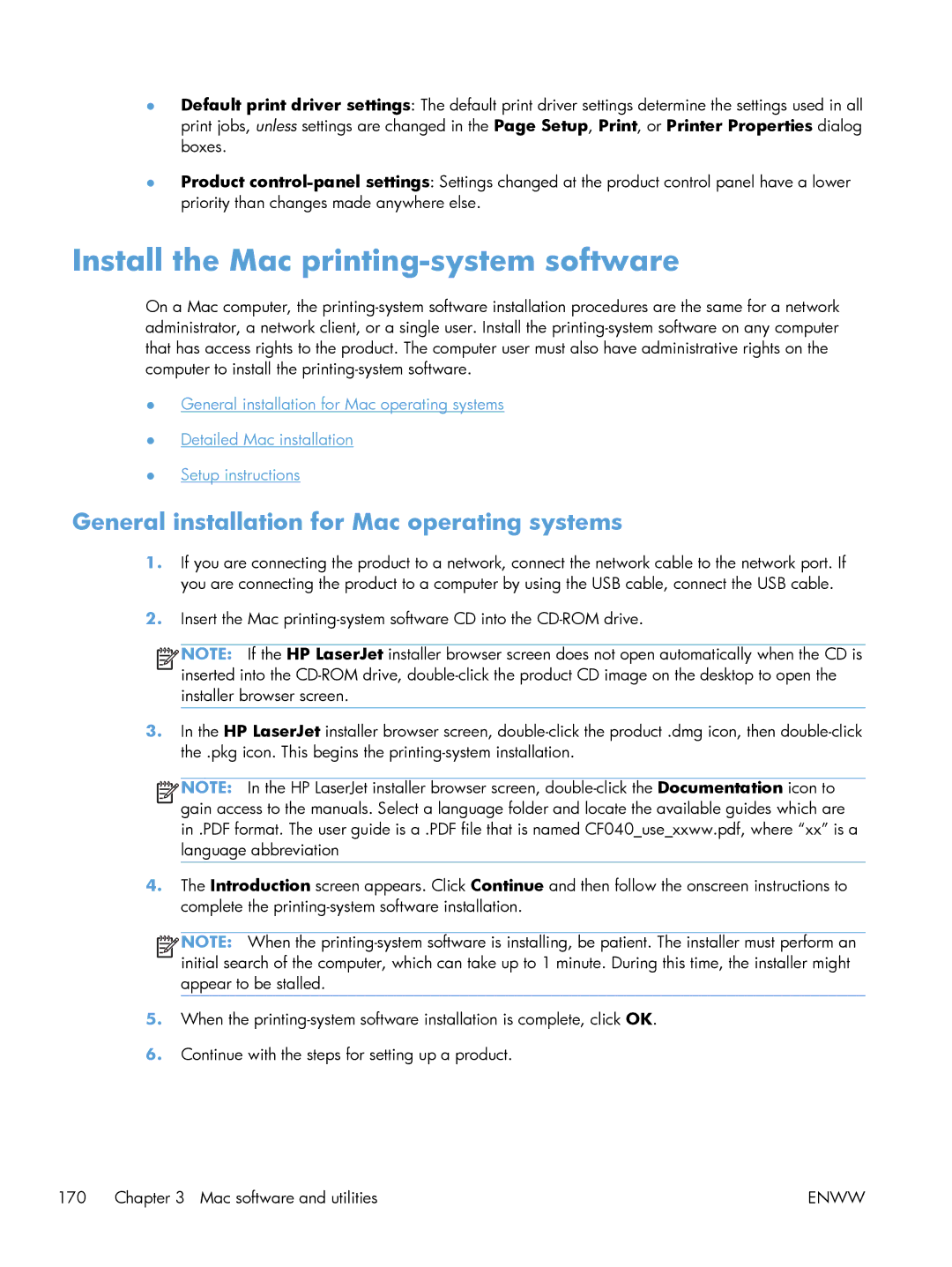 HP 200 color MFP M276nw manual Install the Mac printing-system software, General installation for Mac operating systems 