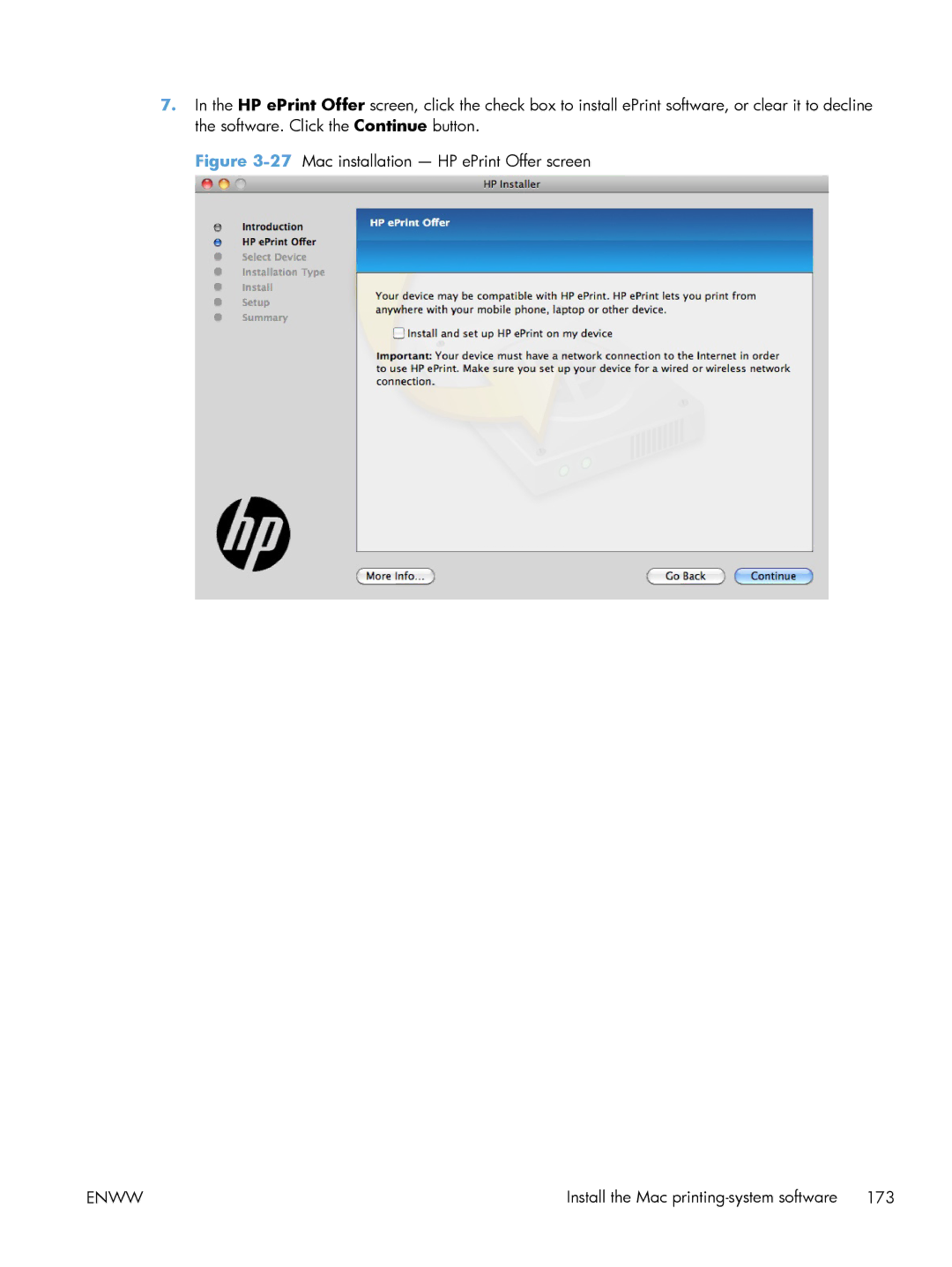 HP 200 color MFP M276nw manual 27Mac installation HP ePrint Offer screen 