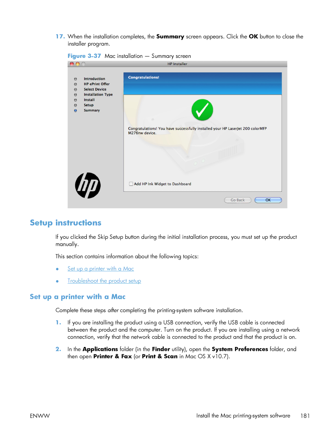 HP 200 color MFP M276nw manual Setup instructions, Set up a printer with a Mac 