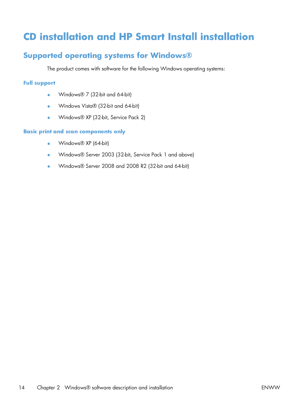 HP 200 color MFP M276nw manual CD installation and HP Smart Install installation, Supported operating systems for Windows 