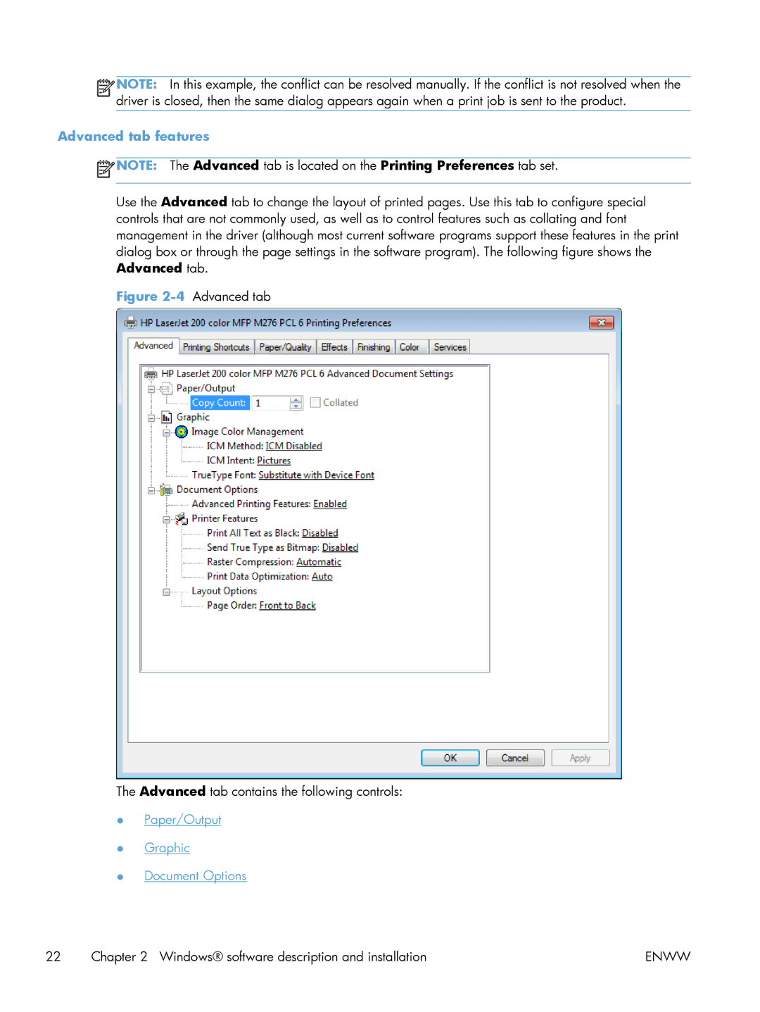 HP 200 color MFP M276nw manual Advanced tab features, 4Advanced tab Advanced tab contains the following controls 