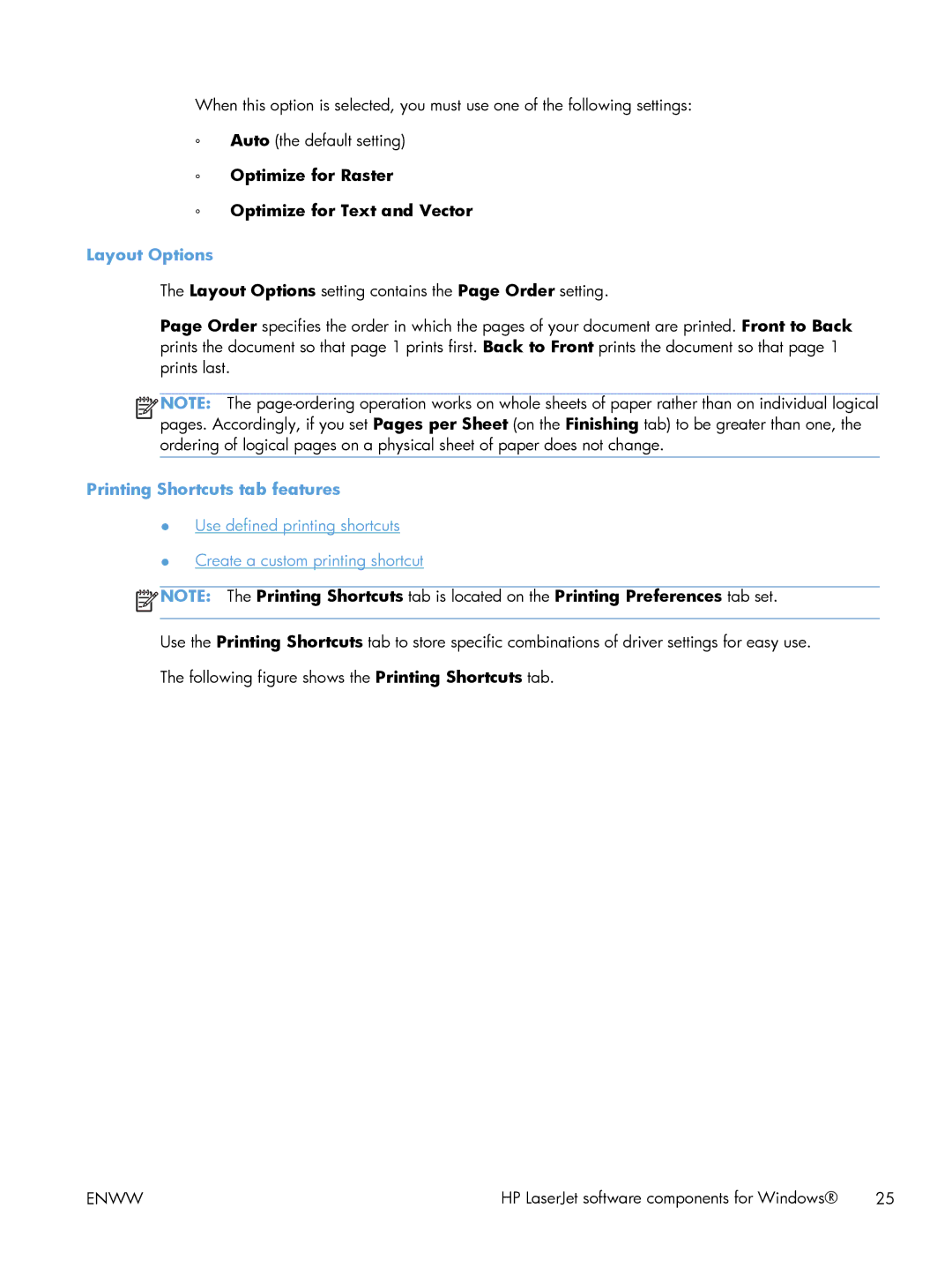 HP 200 color MFP M276nw Optimize for Raster Optimize for Text and Vector, Layout Options, Printing Shortcuts tab features 