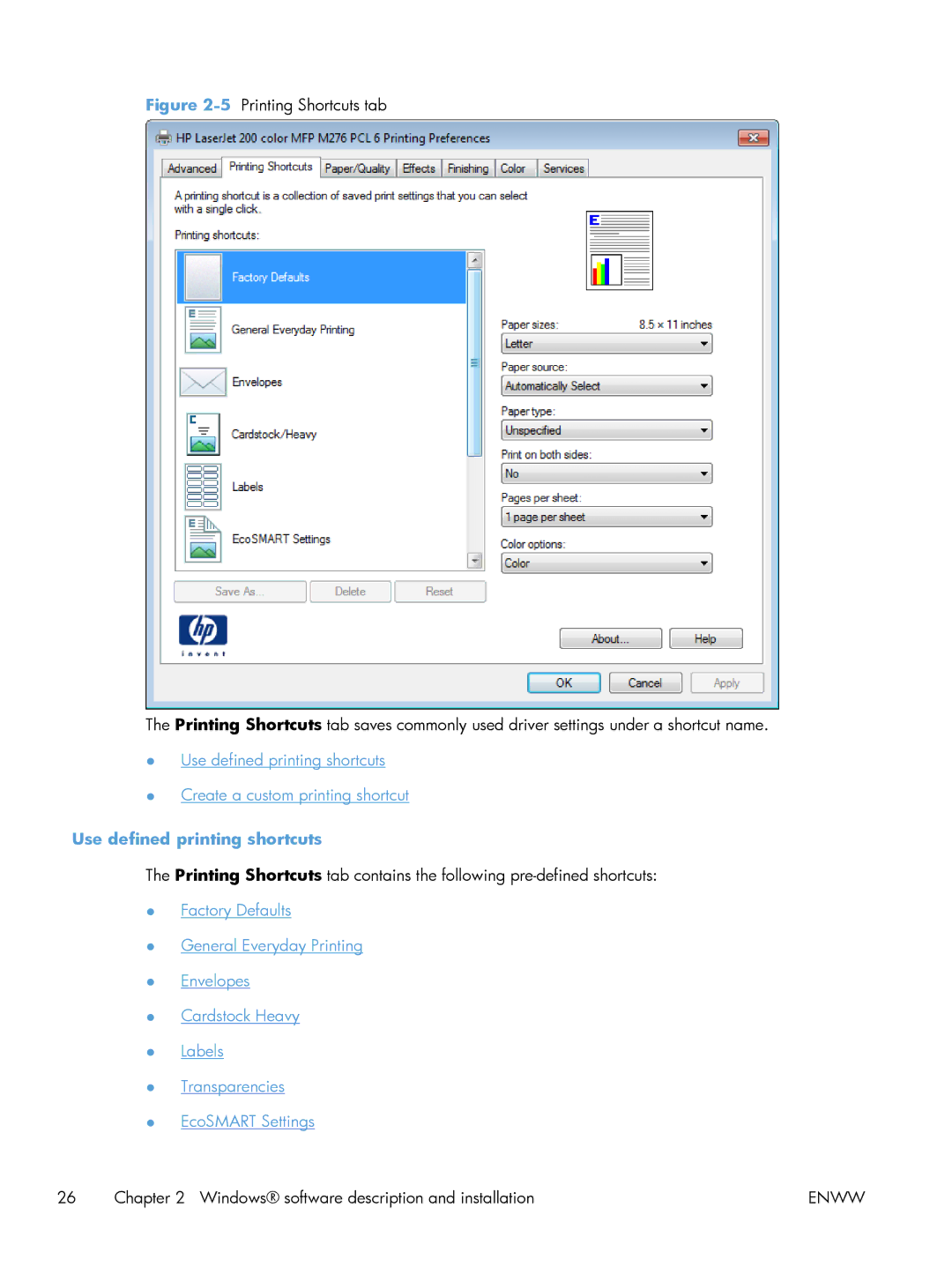HP 200 color MFP M276nw manual Use defined printing shortcuts 
