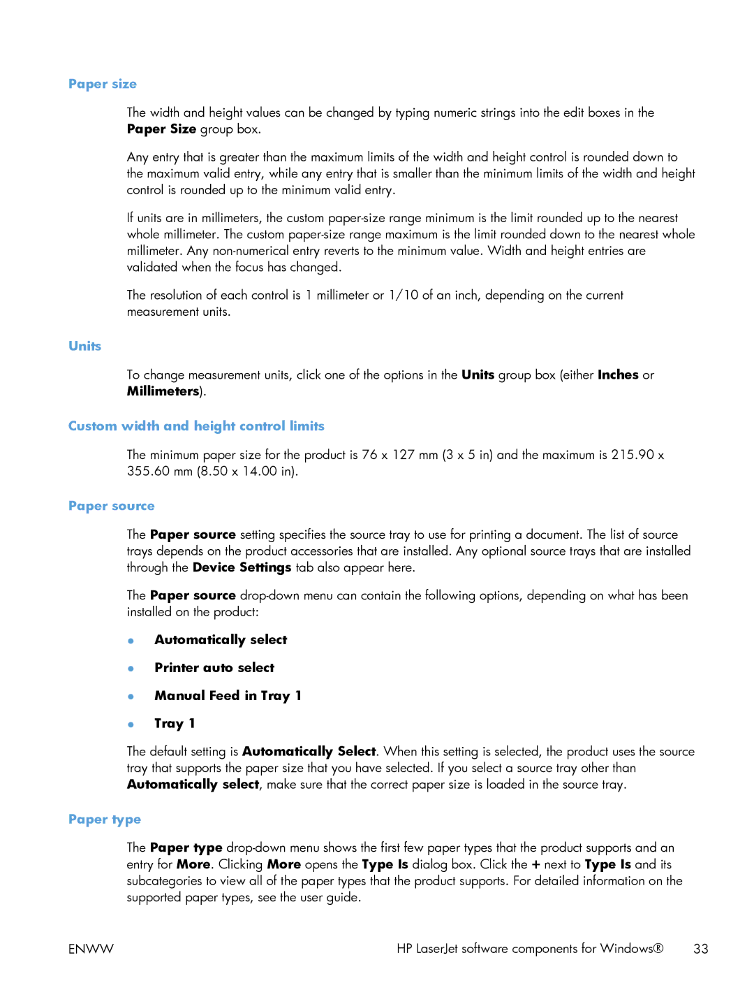 HP 200 color MFP M276nw manual Paper size, Units, Custom width and height control limits 