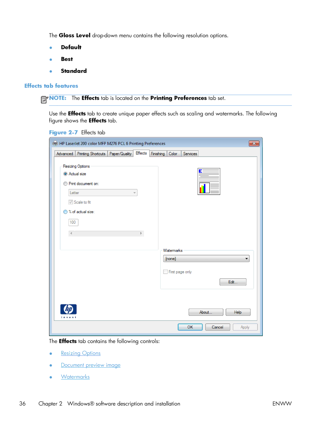 HP 200 color MFP M276nw manual Default Best Standard, Effects tab features 