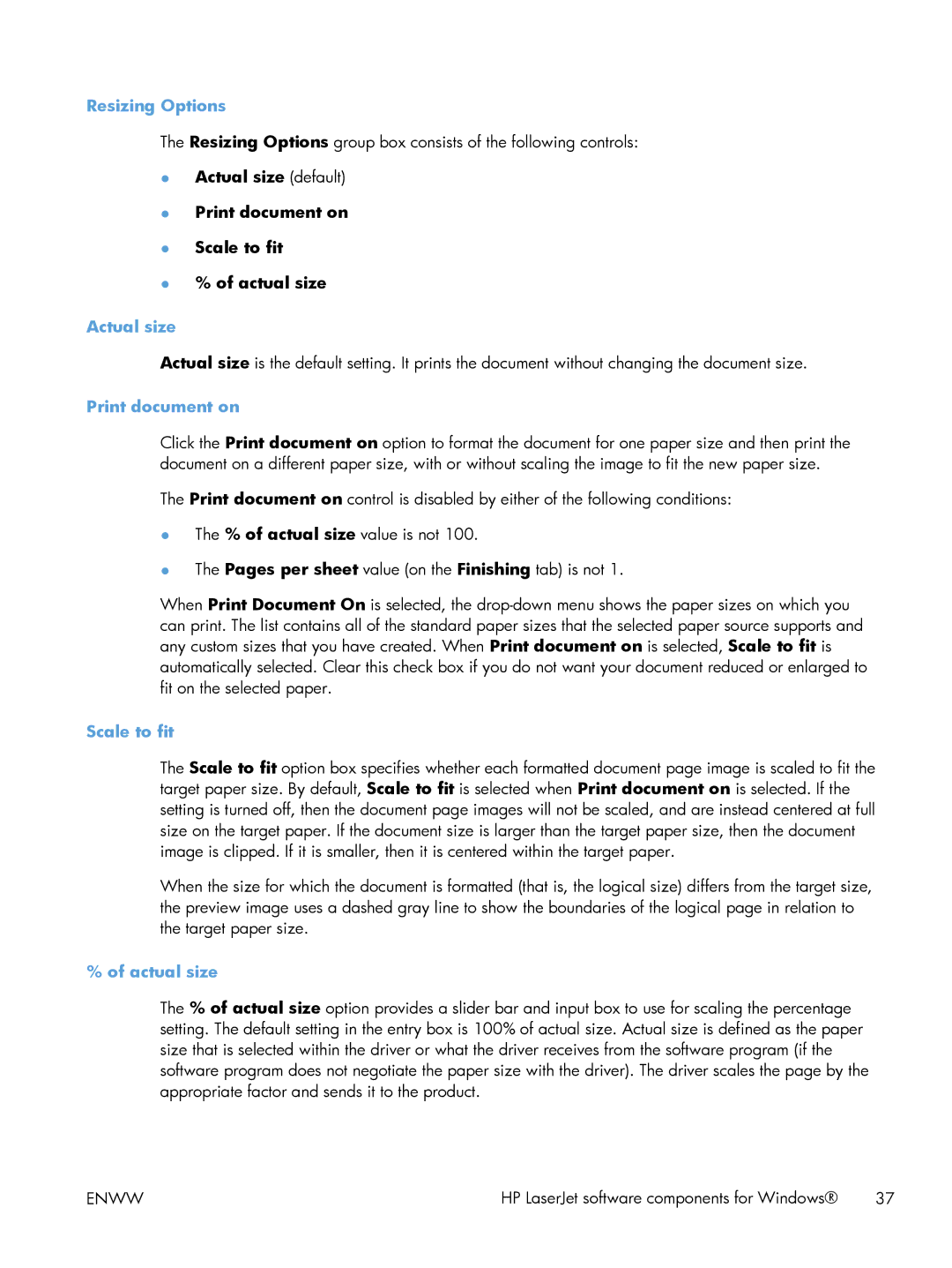 HP 200 color MFP M276nw manual Resizing Options, Actual size default Print document on Scale to fit 