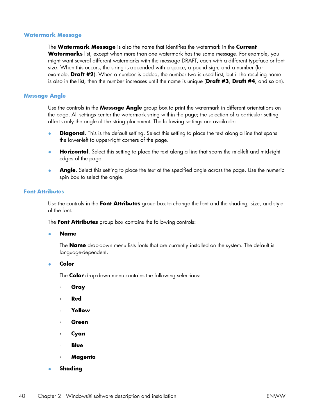 HP 200 color MFP M276nw manual Watermark Message, Message Angle, Font Attributes, Name 