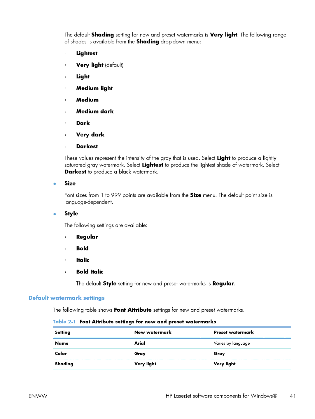 HP 200 color MFP M276nw manual Size, Style, Regular Bold Italic, Default watermark settings 