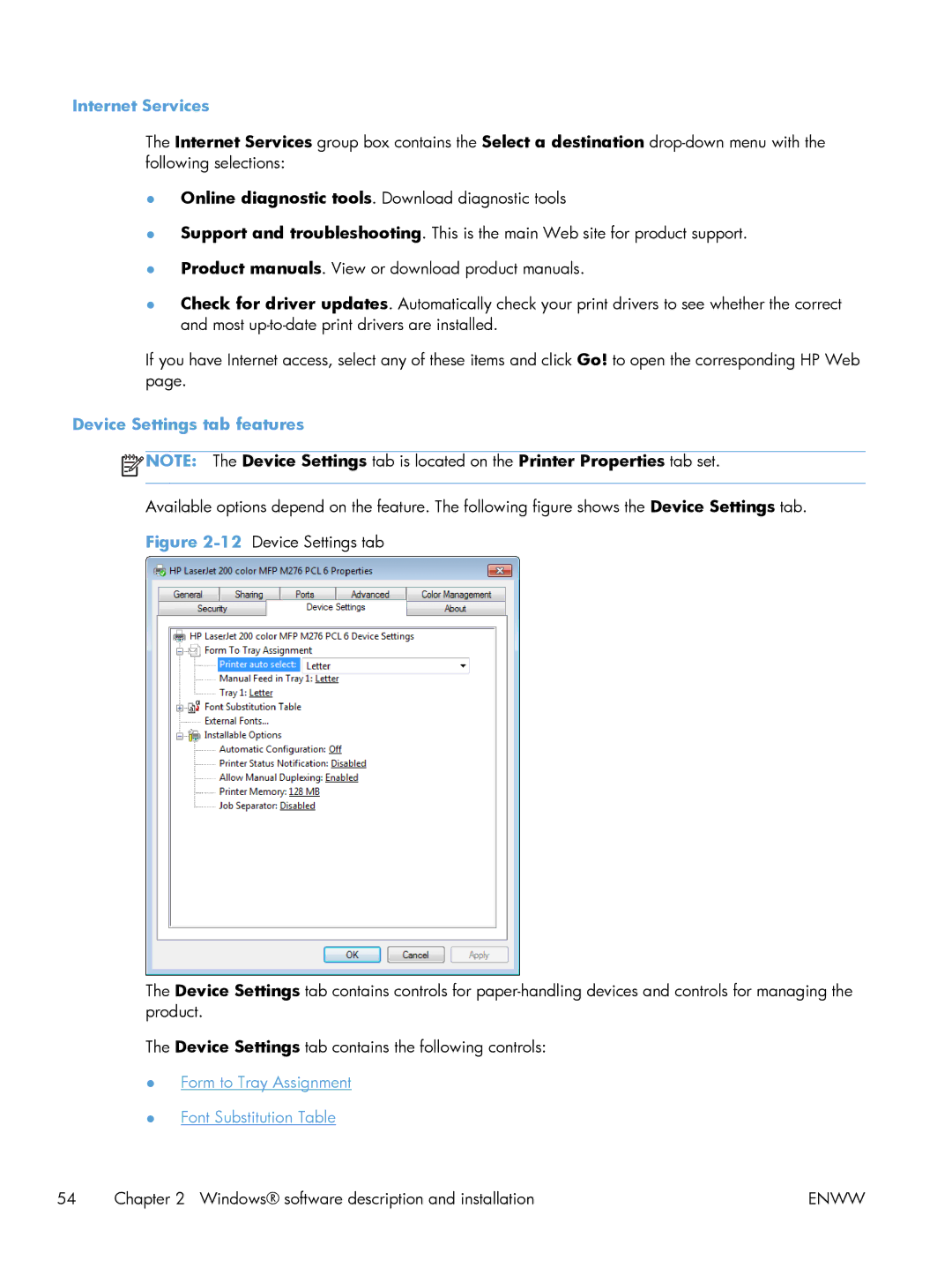 HP 200 color MFP M276nw manual Internet Services, Device Settings tab features 