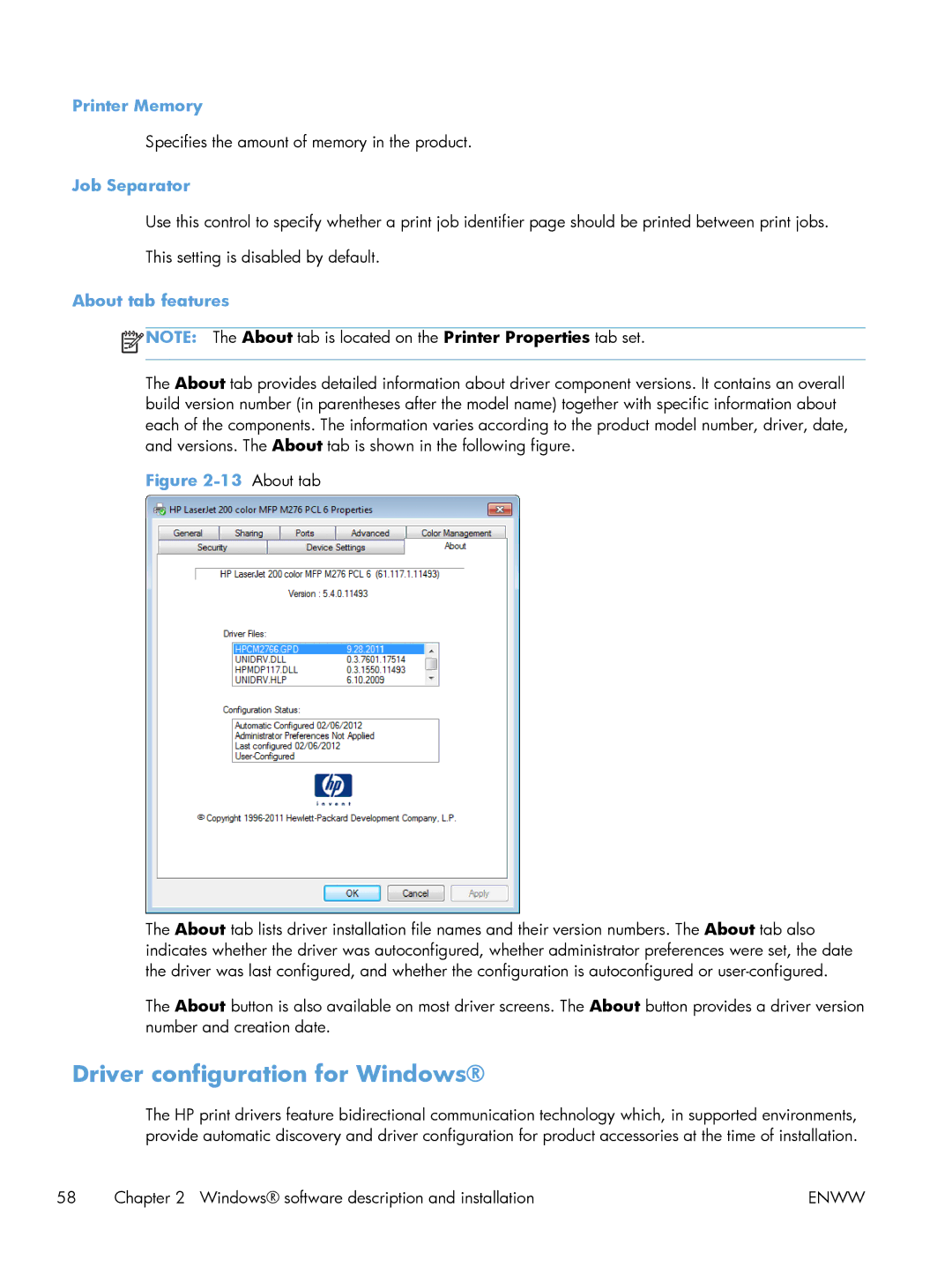 HP 200 color MFP M276nw manual Driver configuration for Windows, Printer Memory, Job Separator, About tab features 
