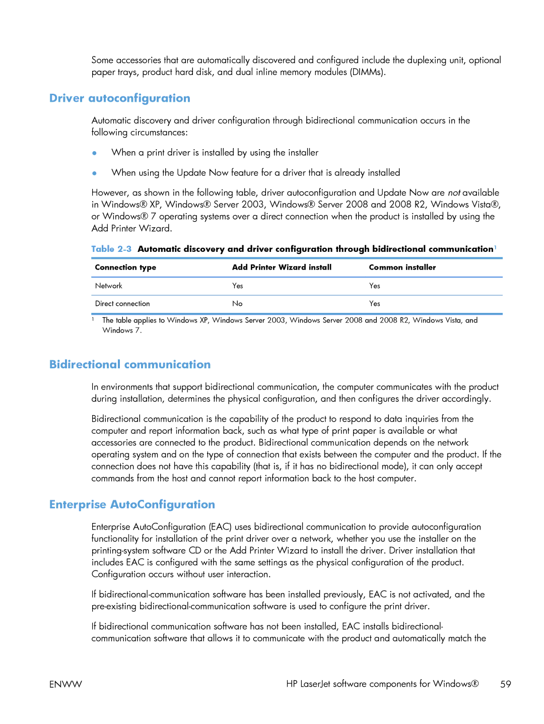 HP 200 color MFP M276nw manual Driver autoconfiguration, Bidirectional communication, Enterprise AutoConfiguration 