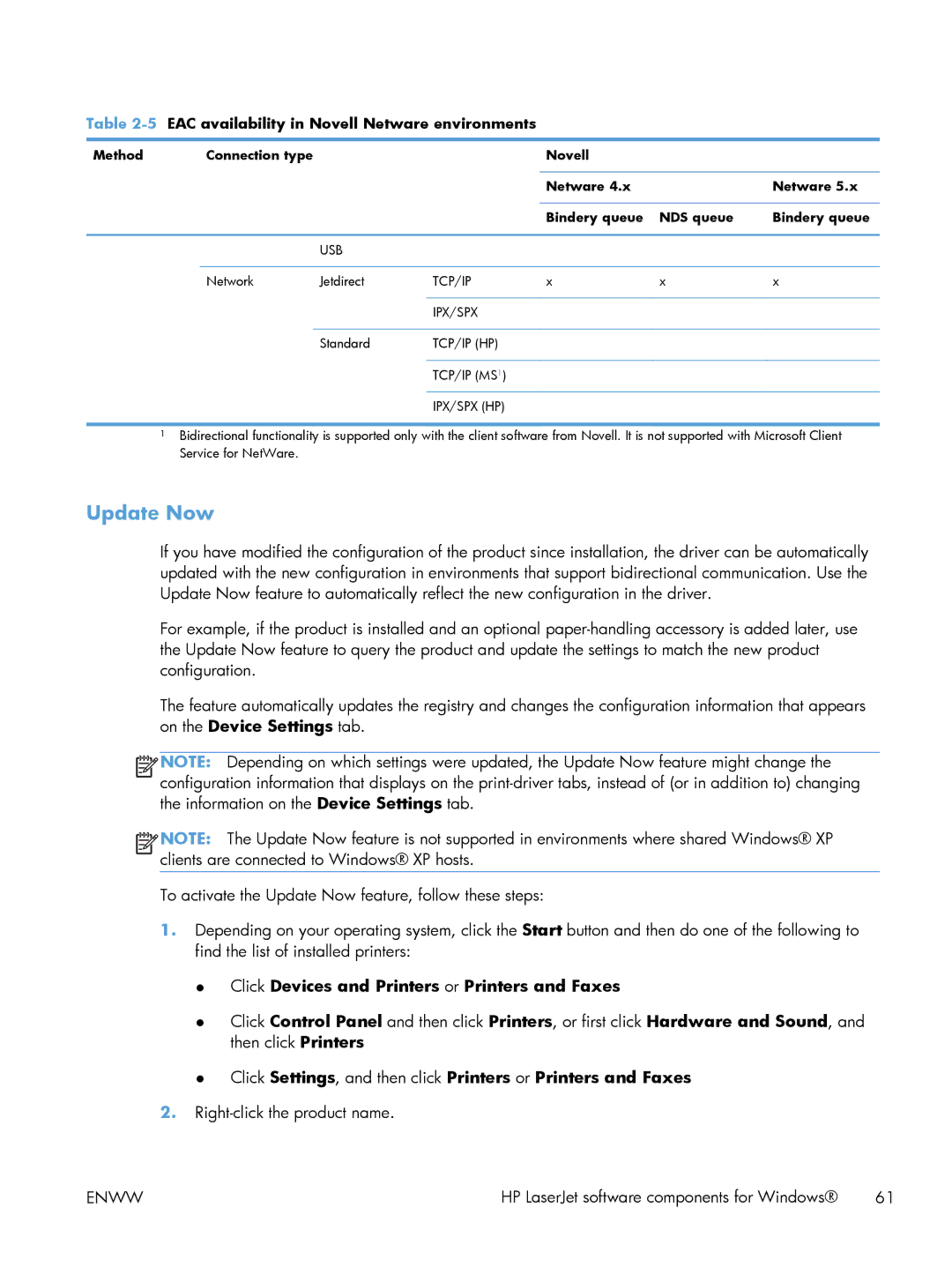 HP 200 color MFP M276nw manual Update Now, EAC availability in Novell Netware environments 