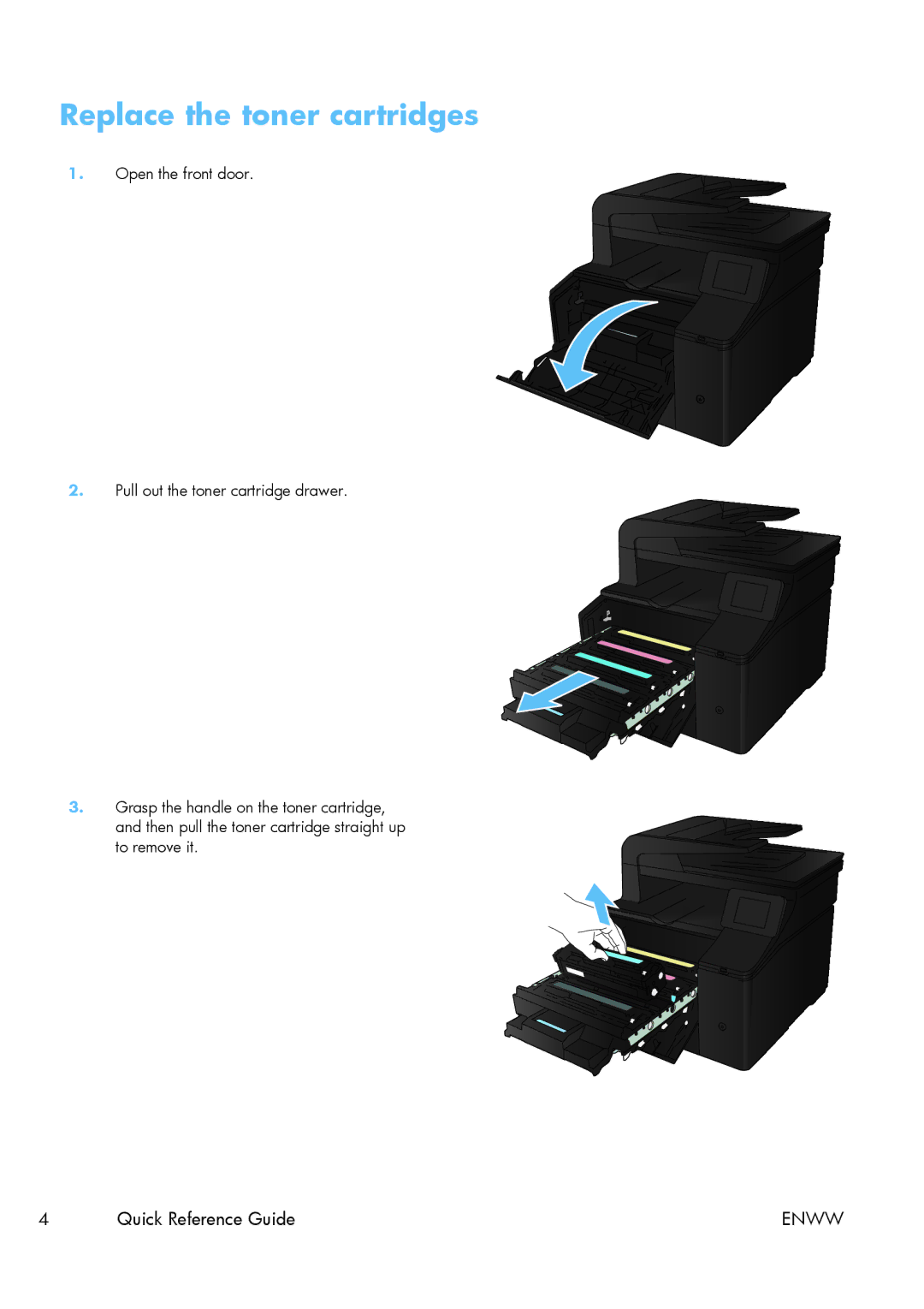 HP 200 color MFP M276nw manual Replace the toner cartridges 