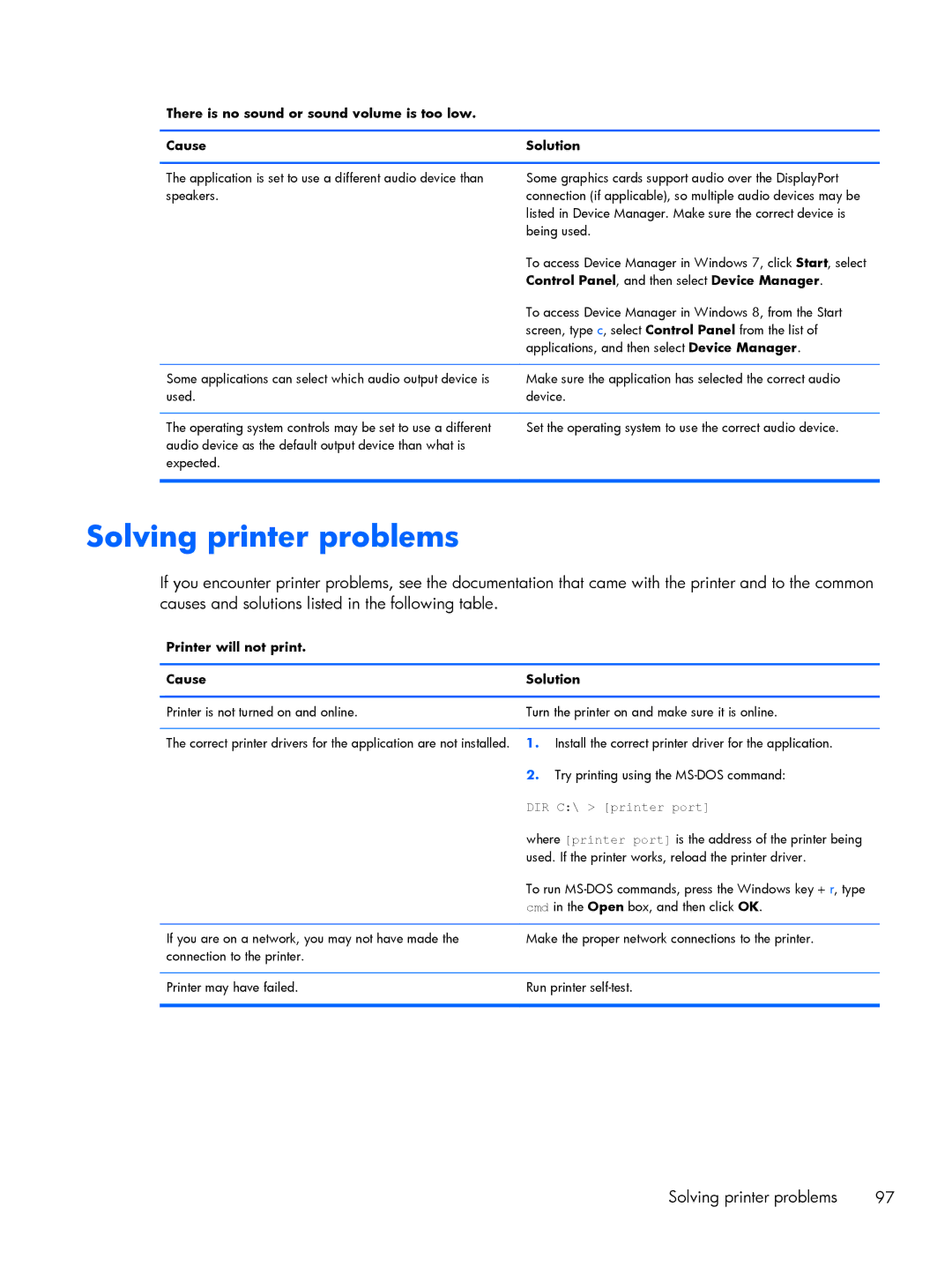 HP 200 G1 manual Solving printer problems, Control Panel , and then select Device Manager 