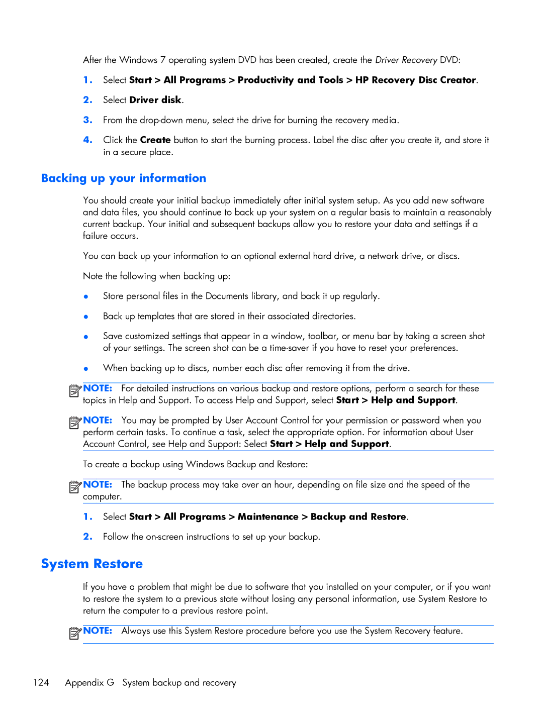 HP 200 G1 manual System Restore, Backing up your information 