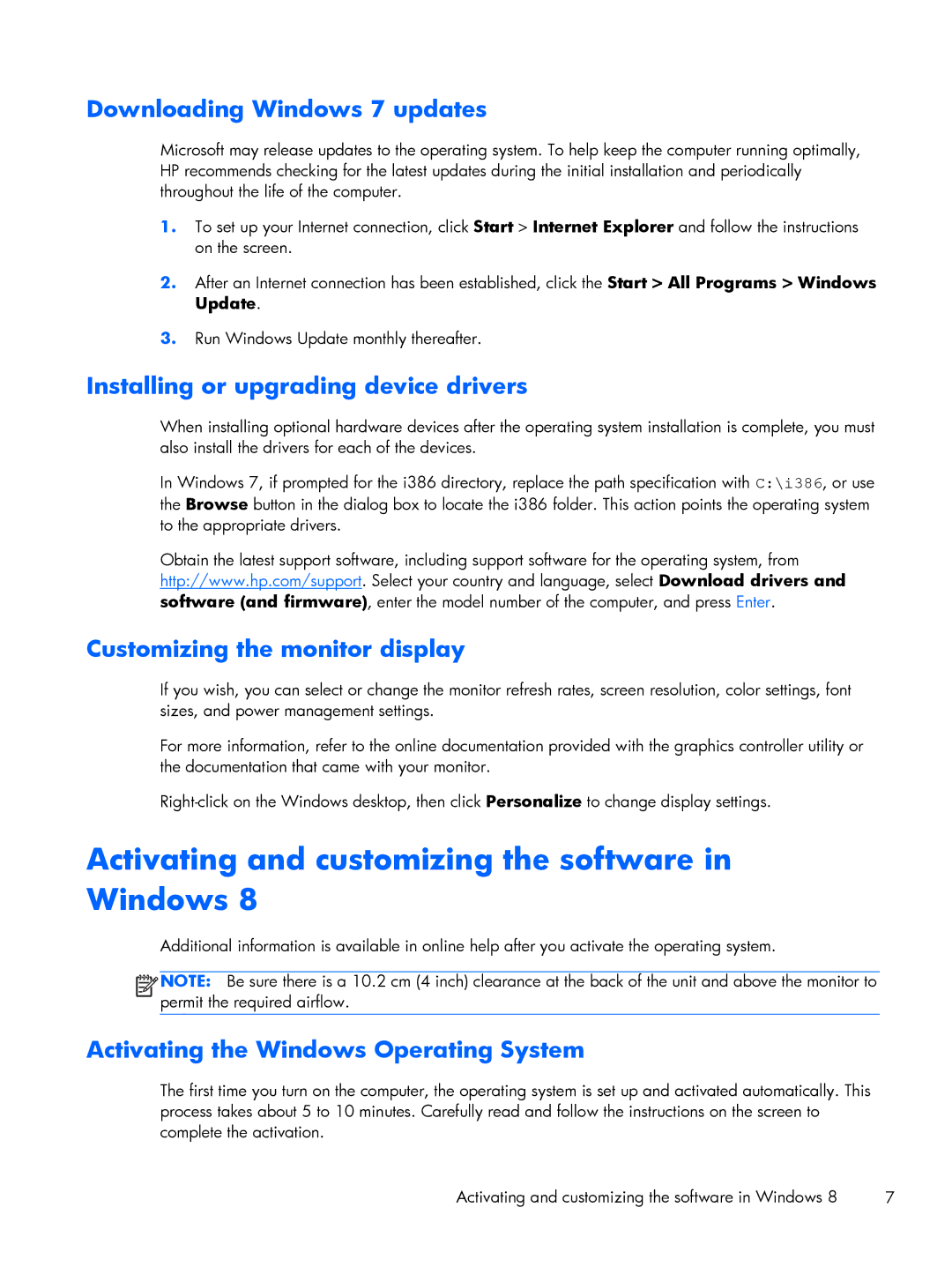 HP 200 G1 manual Downloading Windows 7 updates, Installing or upgrading device drivers, Customizing the monitor display 