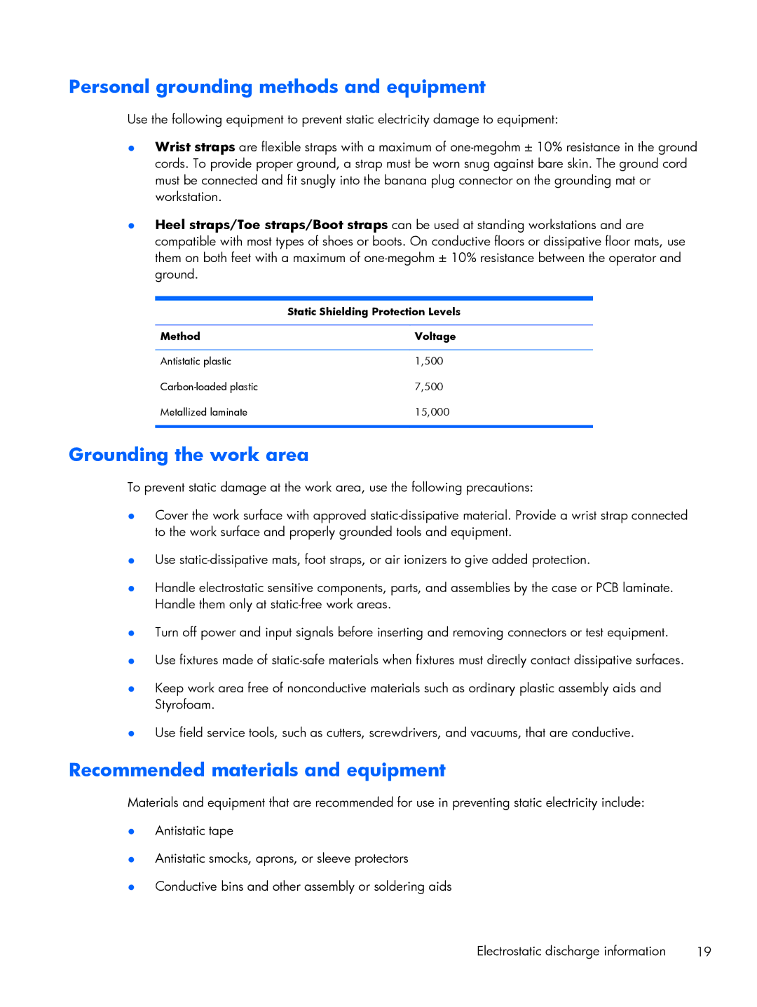 HP 200 G1 manual Personal grounding methods and equipment, Grounding the work area, Recommended materials and equipment 