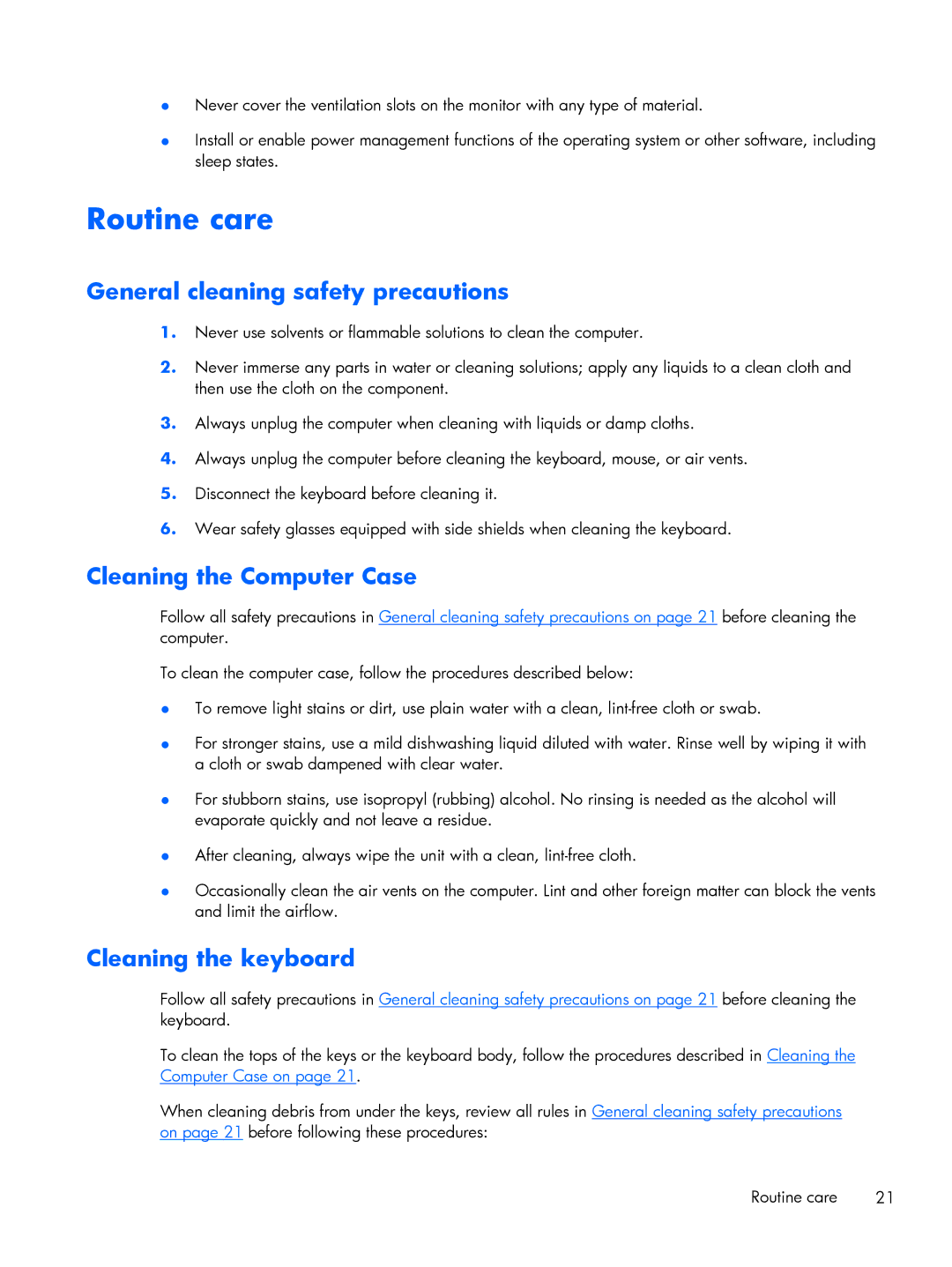 HP 200 G1 manual Routine care, General cleaning safety precautions, Cleaning the Computer Case, Cleaning the keyboard 