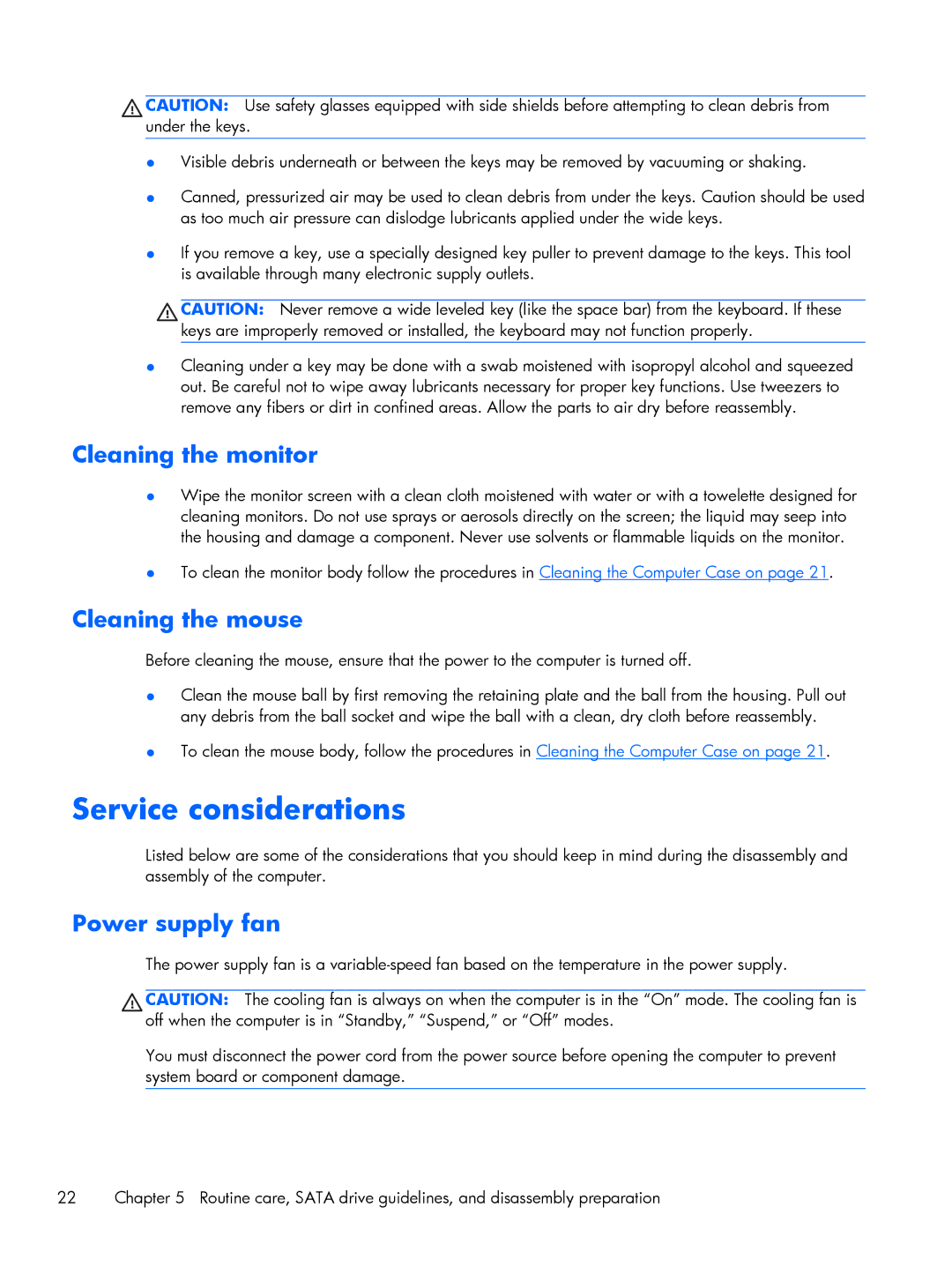 HP 200 G1 manual Service considerations, Cleaning the monitor, Cleaning the mouse, Power supply fan 