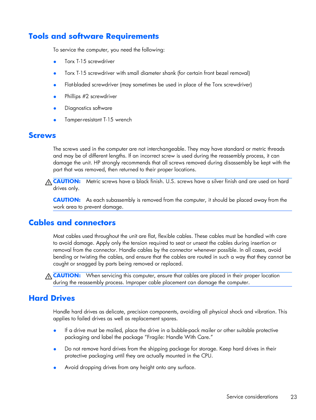 HP 200 G1 manual Tools and software Requirements, Screws, Cables and connectors, Hard Drives 