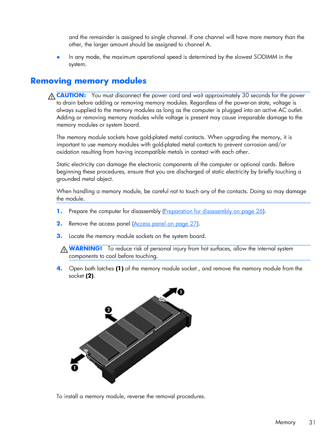 HP 200 G1 manual Removing memory modules 