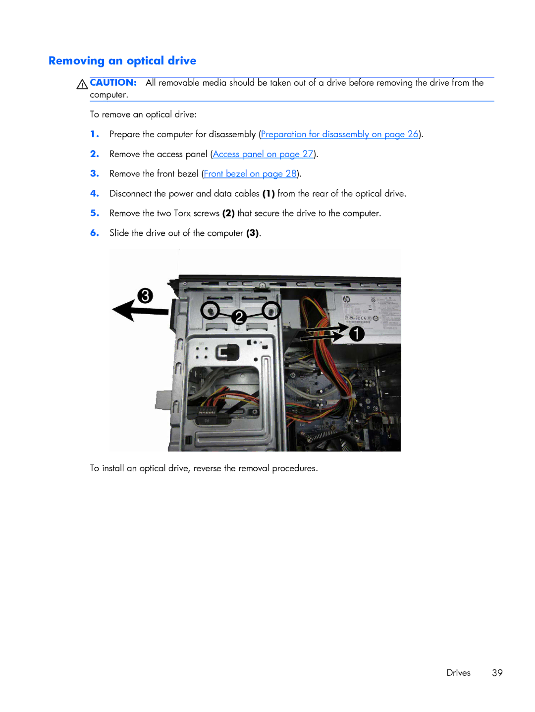 HP 200 G1 manual Removing an optical drive 