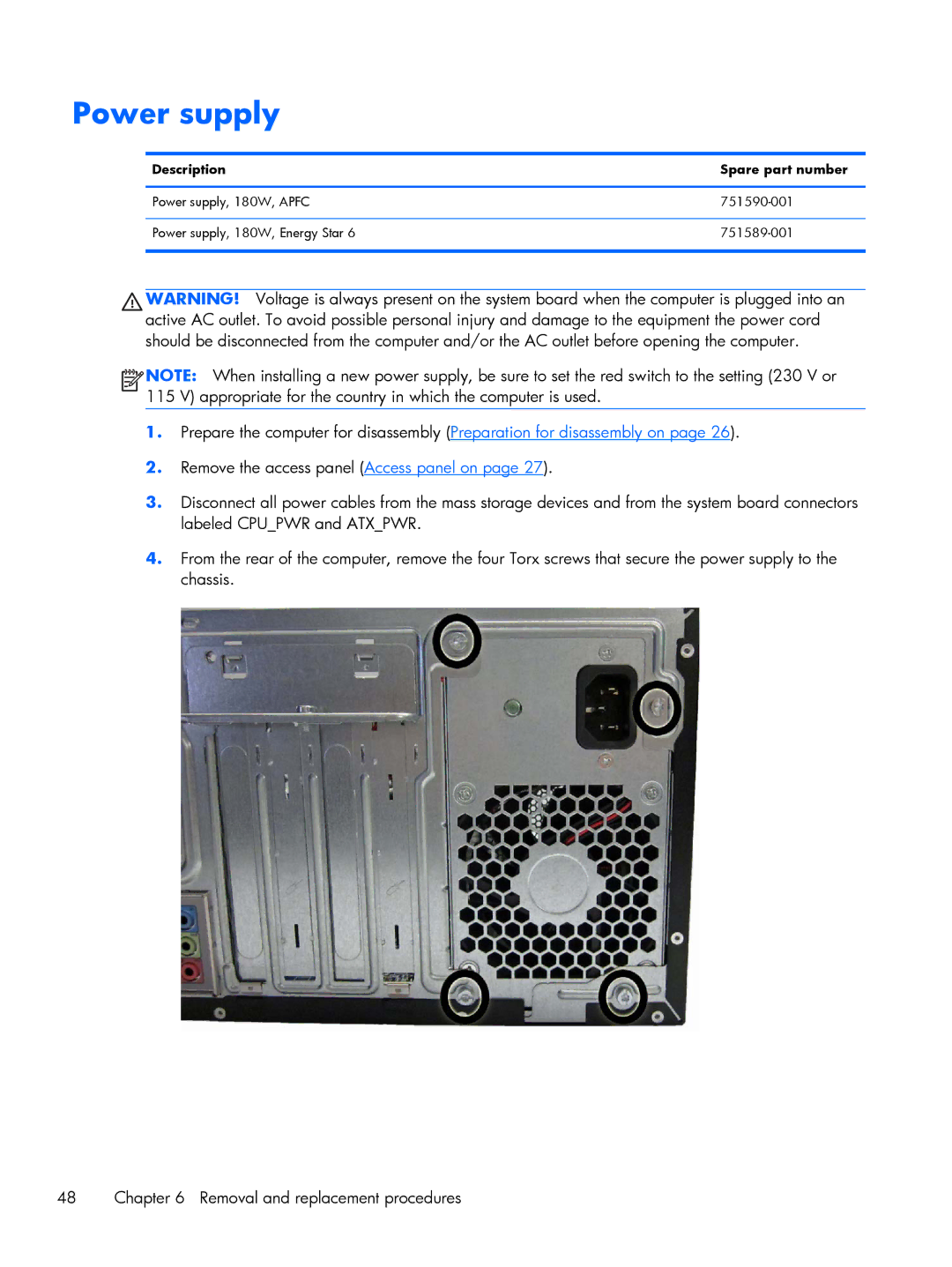 HP 200 G1 manual Power supply, Description Spare part number 