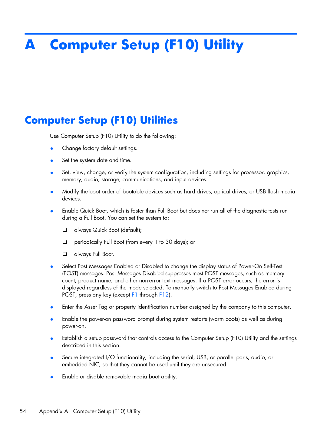 HP 200 G1 manual Computer Setup F10 Utility, Computer Setup F10 Utilities 