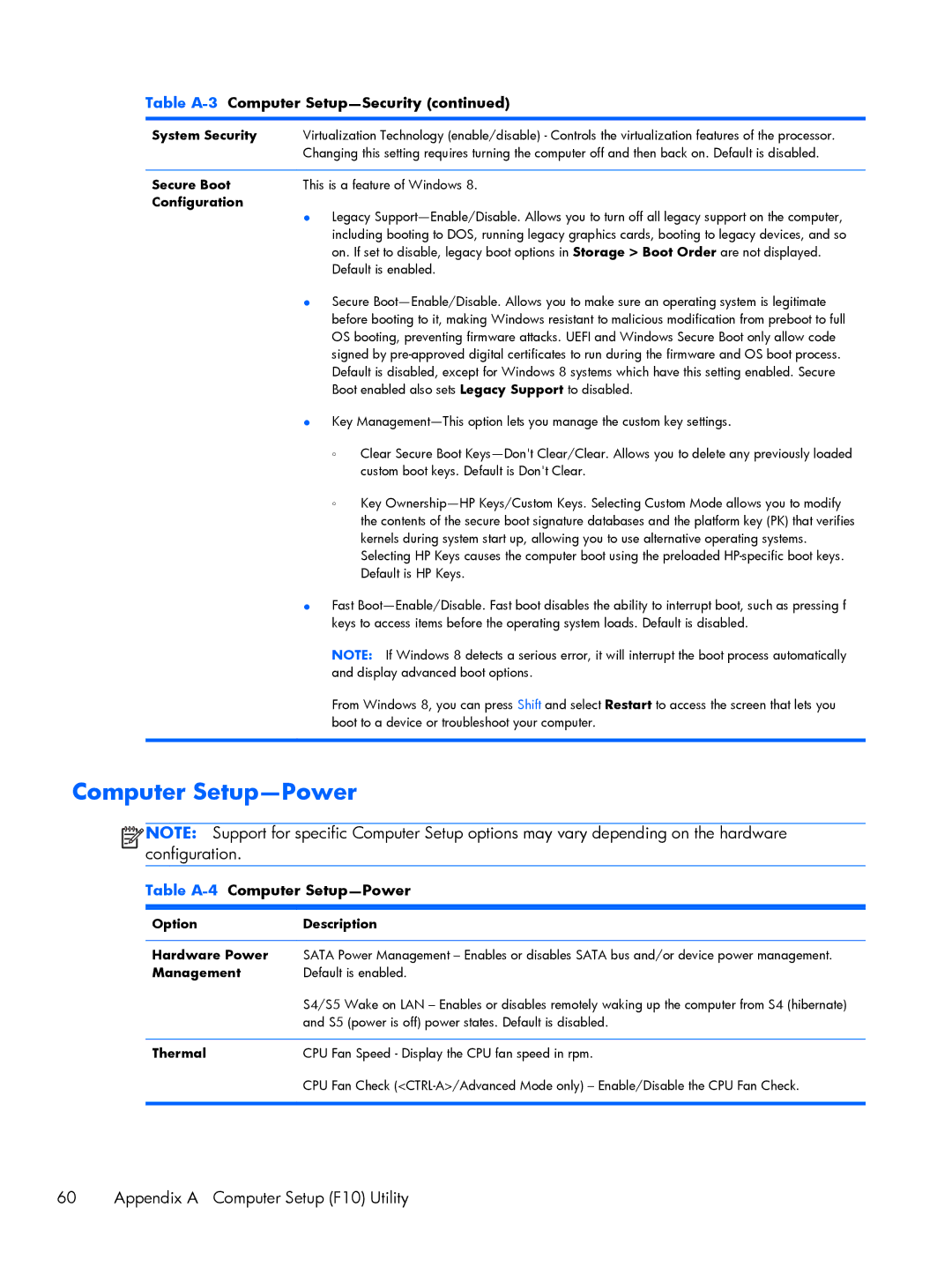 HP 200 G1 manual Computer Setup-Power 